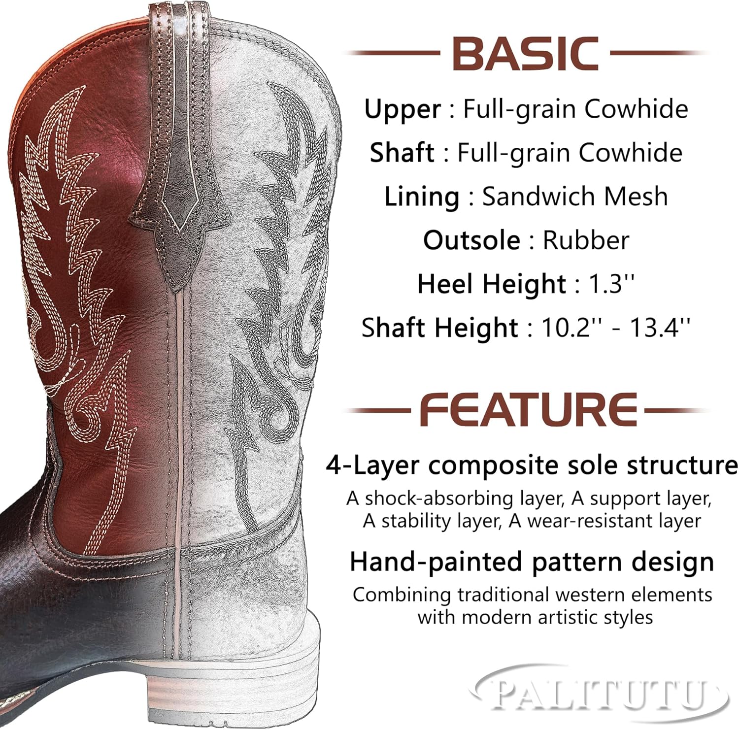 Women Western Boots Hand Painted, Square Toe, Full Grain Cowhide, 4-Layer Composite Sole(PLT203607) - Image 7