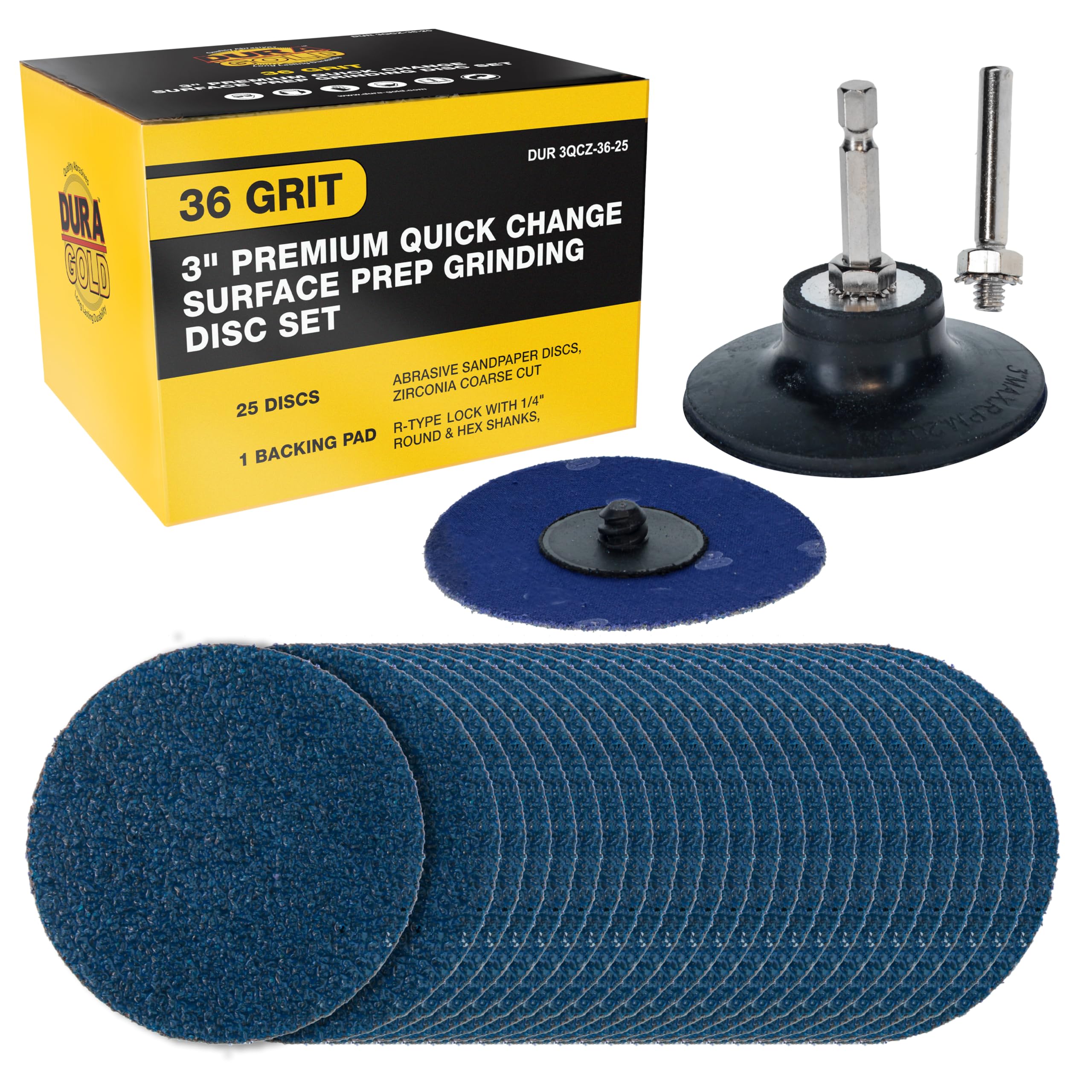Dura-Gold Juego de discos de molienda de corte grueso de circonita de grano 36 de 3 pulgadas, 25 discos y almohadilla de respaldo, discos de papel de lija tipo R