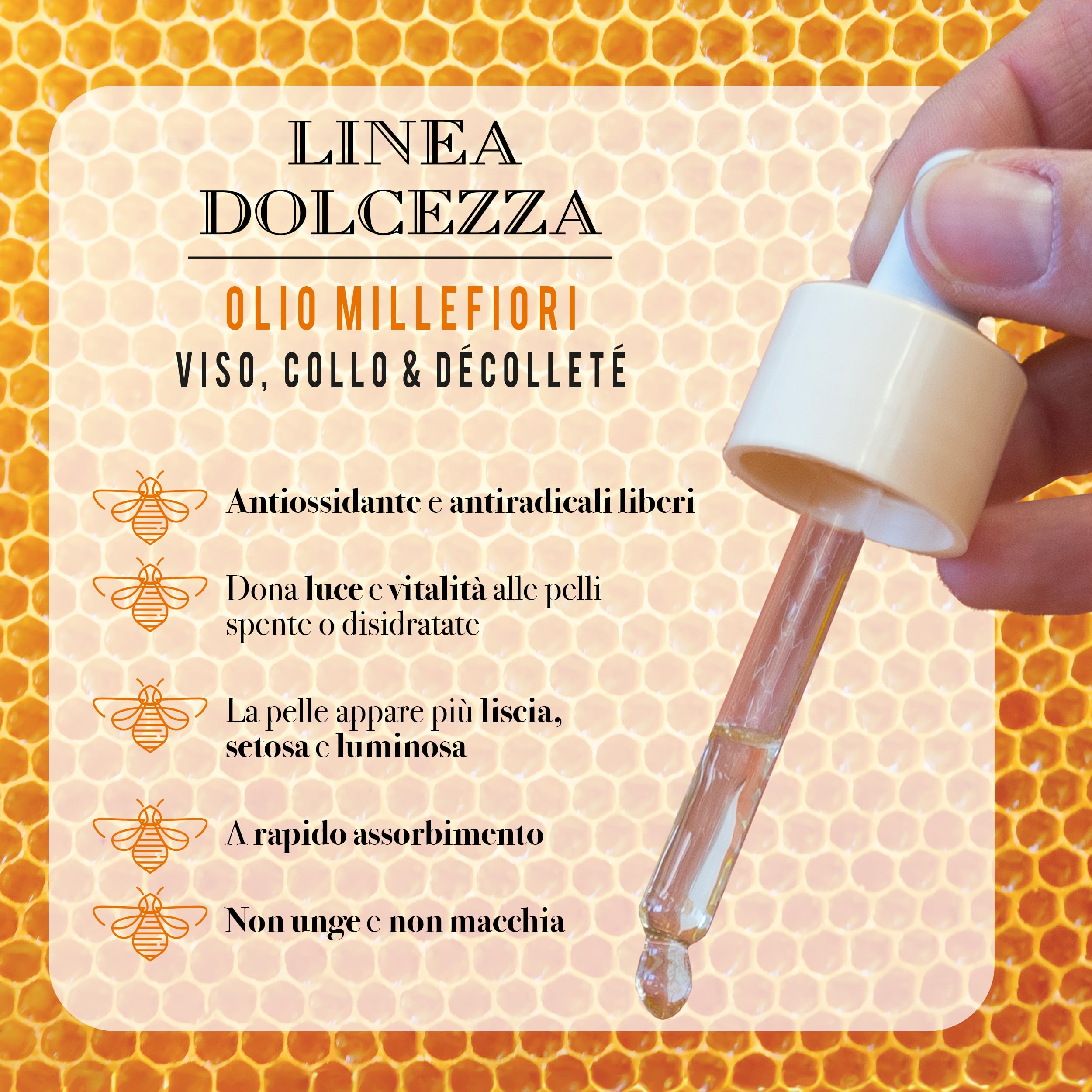 Helan Linea Dolcezza - Olio Viso, Collo e Décolleté Millefiori, Idratante e Antirughe, con Cera d’Api e Propolis, Olio Secco a Rapido Assorbimento - Prodotti Skincare Viso, Made in Italy, 30 ml