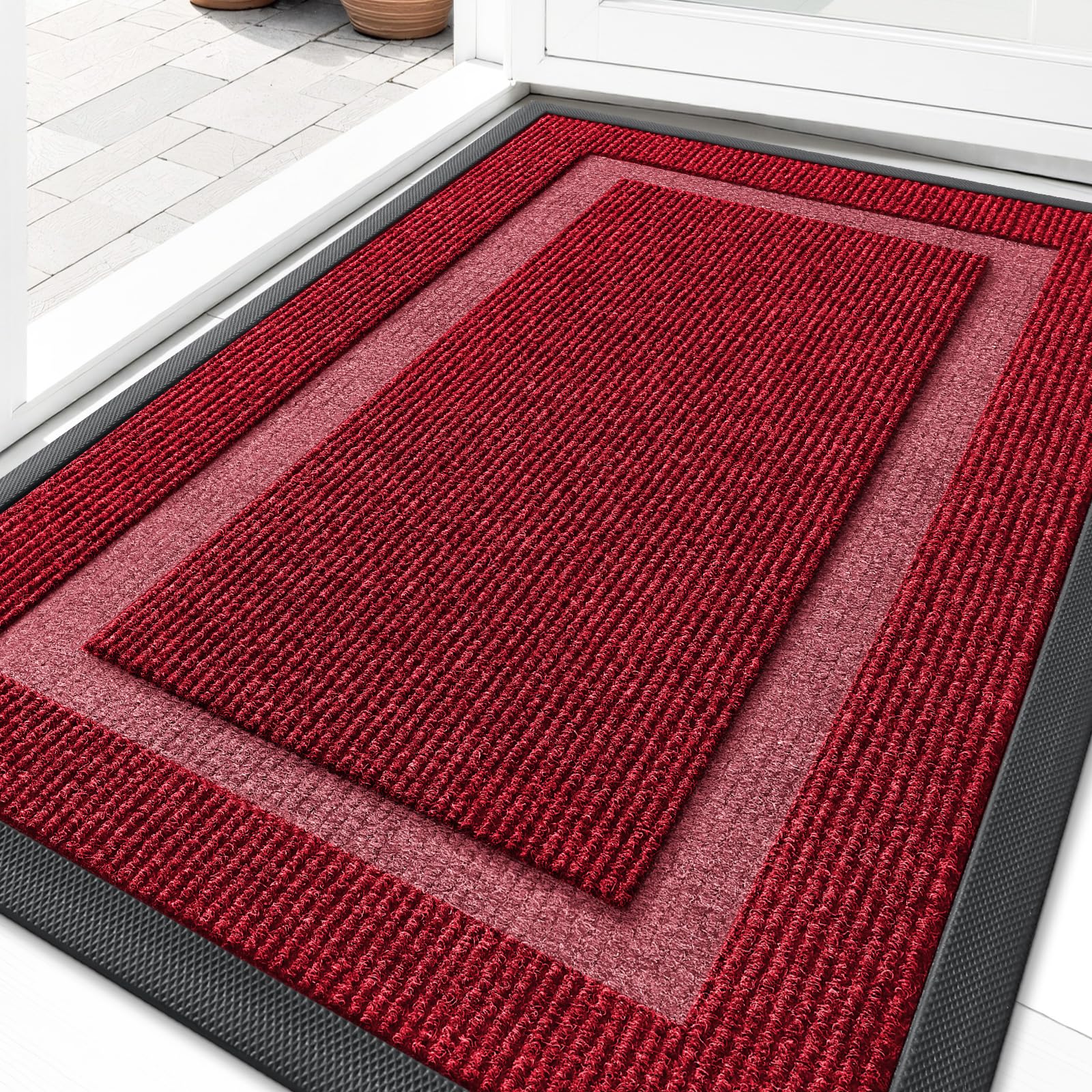 OLANLY Front Door Mat Indoor Outdoor Entrance, Waterproof All-Season, All-Weather Doormat, Sturdy Natural Rubber, Fade Resistant, Low Profile, Easy Clean Patio Porch Entryway Mat, 29.5x17, Wine Red