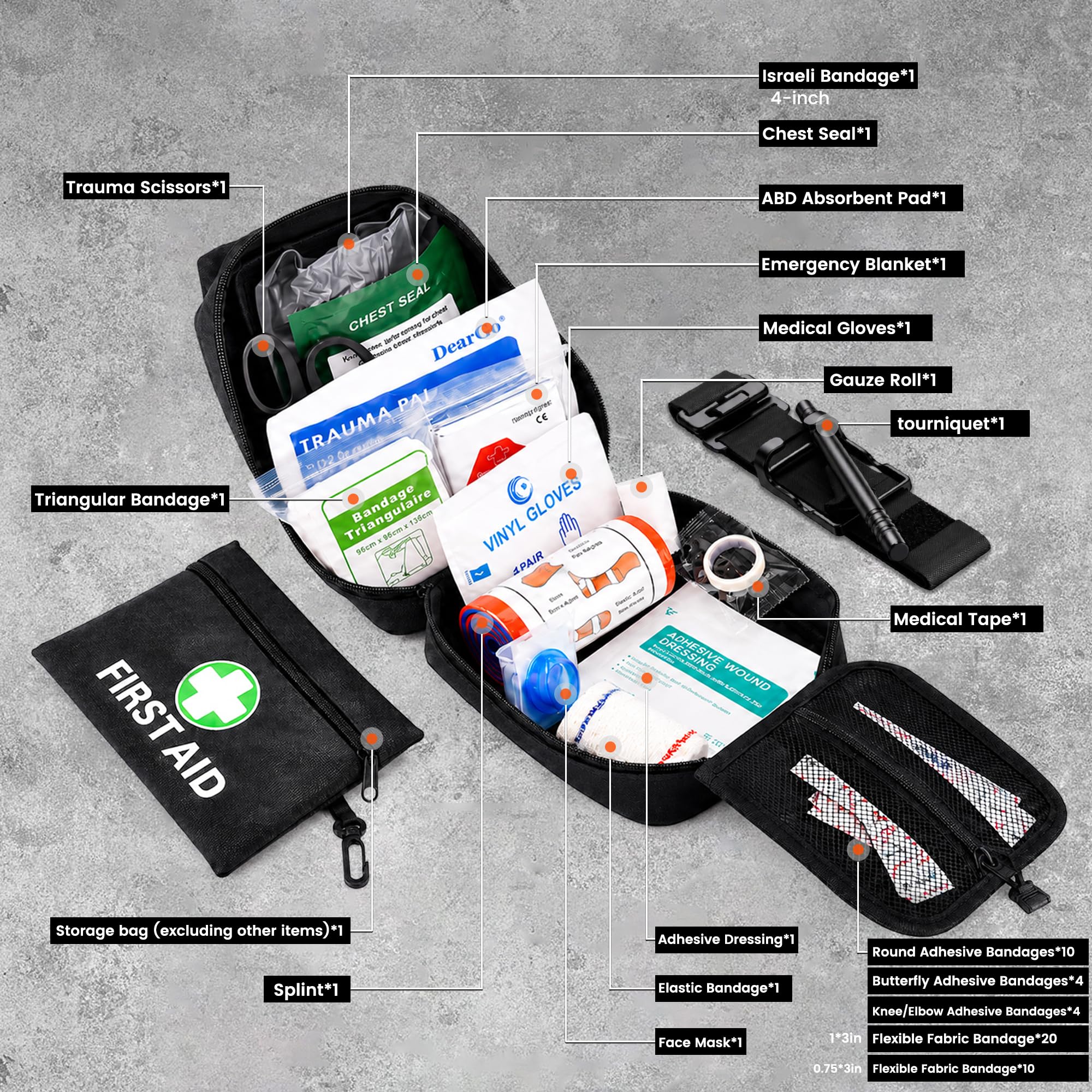 IFAK Trauma Kit with Tourniquet,Israeli-Style Bandage, Splint, Tactical First Aid Kit for Car, Camping, Hiking and Travel with Molle Bag (66 Pack) — Amazon image 3
