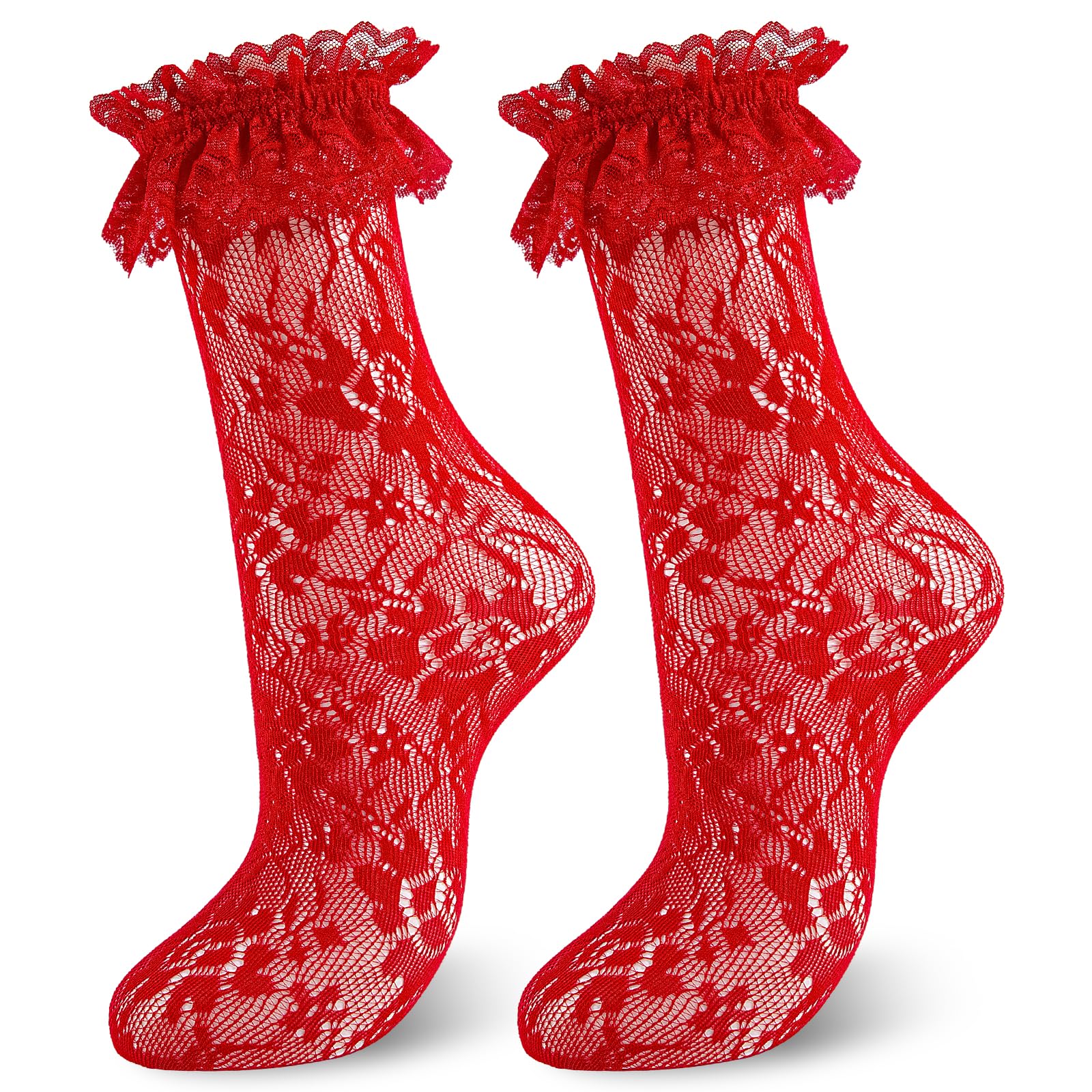 Photo 1 of MKYSZLT Women Red Lace Ruffle Socks Frilly Dress Socks Sexy Mesh Lace Trim Lolita Sock Lacy Ruffled Boot Ankle Sock for Woman