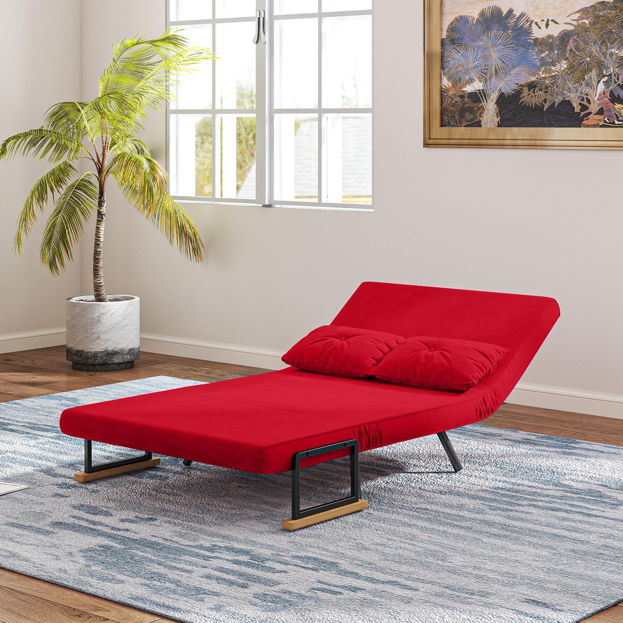 HOMCOM 4 in 1 Divano Letto 2 Posti, con Schienale Regolabile in 5 Posizioni, Divano Letto Matrimoniale Pieghevole con 2 Cuscini, Seduta Imbottita, in Velluto per Casa e Ufficio, 102x73x81 cm, Rosso