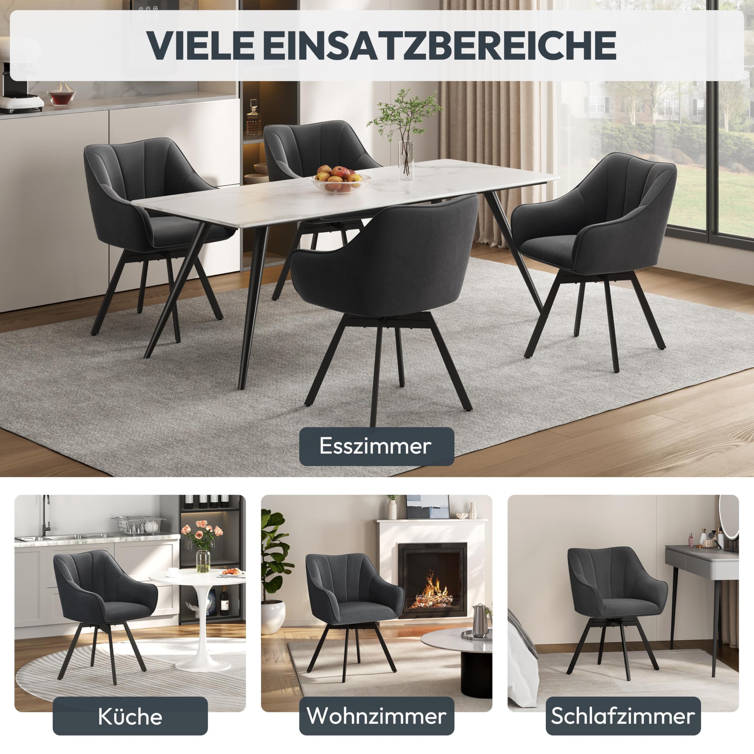 Yaheetech Esszimmerstuhl Drehbar,Drehbar 360°,Sitz Küchenstuhl mit Armlehnen & Rückenlehne & Metallbeine Moderner Samtiger Sessel für Küche/Esszimmer/Wohnzimmer Dunkelgrau/1