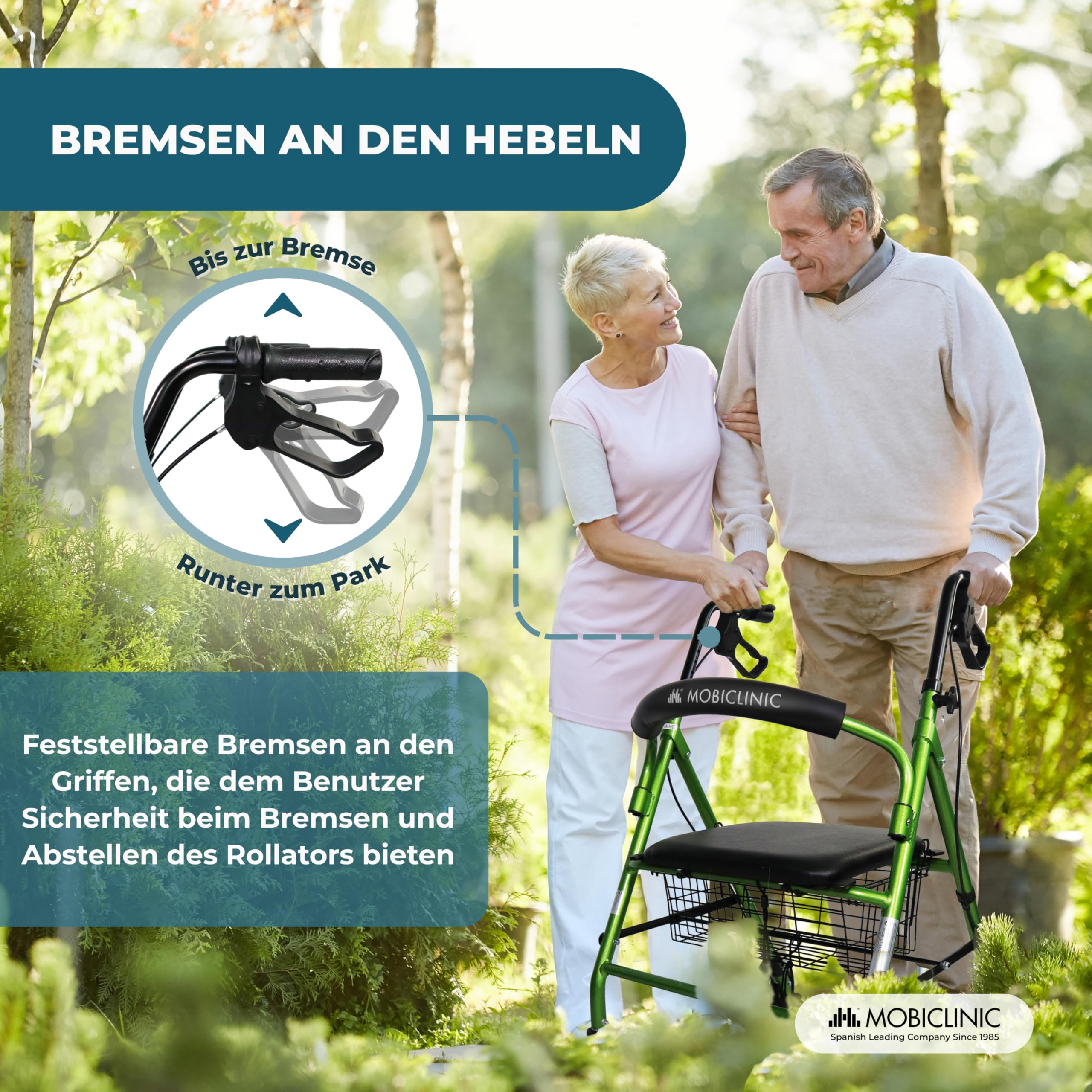 Mobiclinic, Rollator, Escorial, Europäische marke, Faltbar und leicht, Feststellbare handbremsen, Gehwagen für seniore, Aluminium, Mit sitzfläche rückenlehne, Korb, 4 räder, Grün
