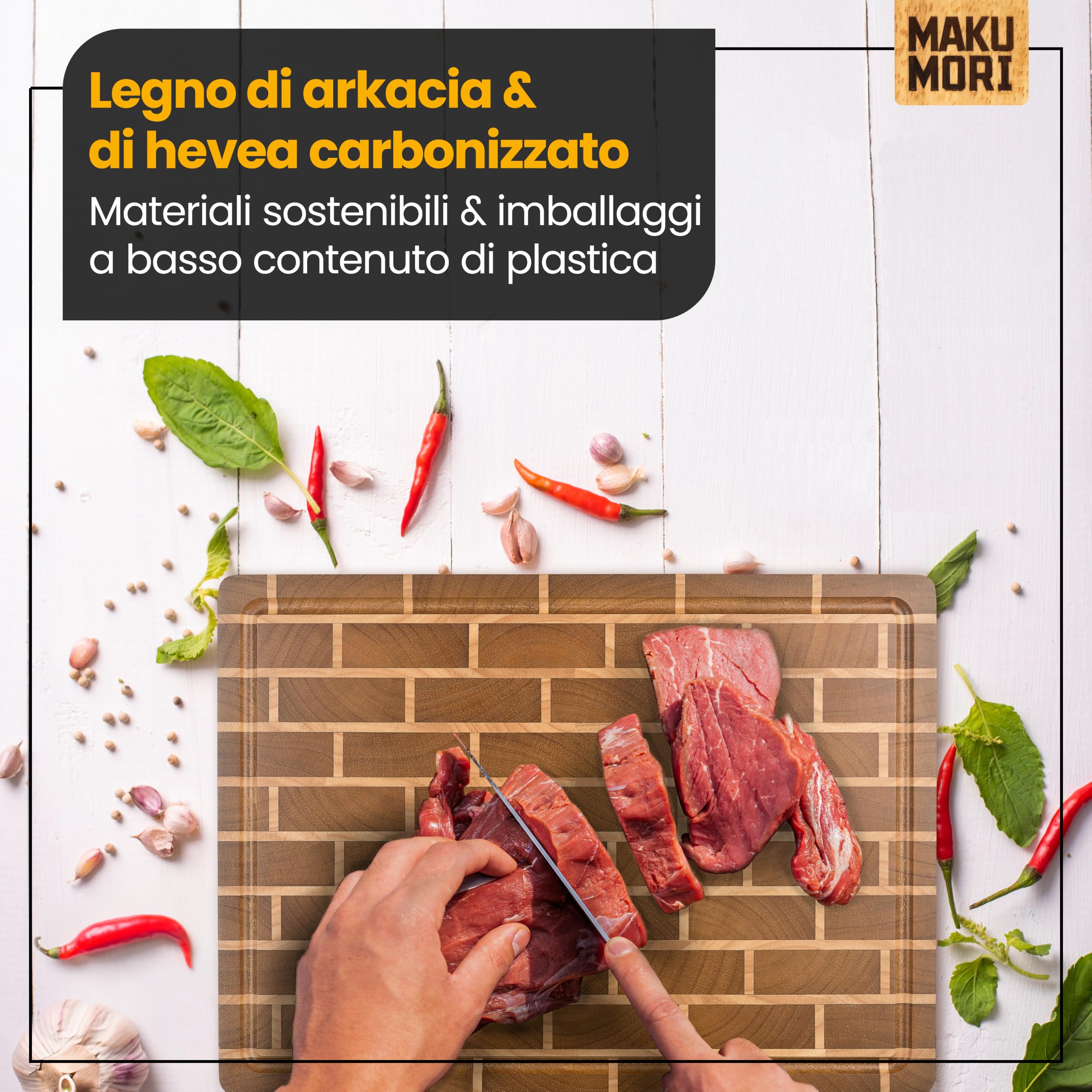 Premium Tagliere Legno di Testa 40x29x3cm Ladrillo Oscuro | Tagliere da cucina in hevea carbonizzato; FSC®; scanalatura per succhi; ampi manici; piedini in gomma antiscivolo