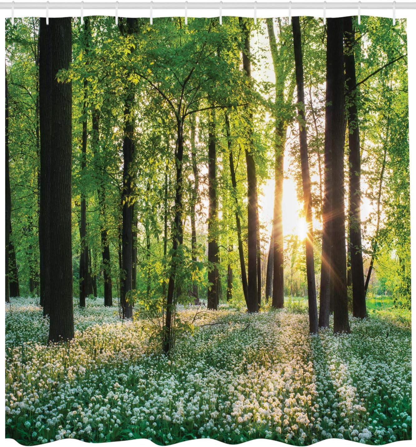 Ambesonne Forest Shower Curtain, Sunny Forest with Wild Garlic Enchanting Wildflowers Blossoms Landscape Scenery, Cloth Fabric Bathroom Decor Set with Hooks, 69" W x 70" L, Green and White