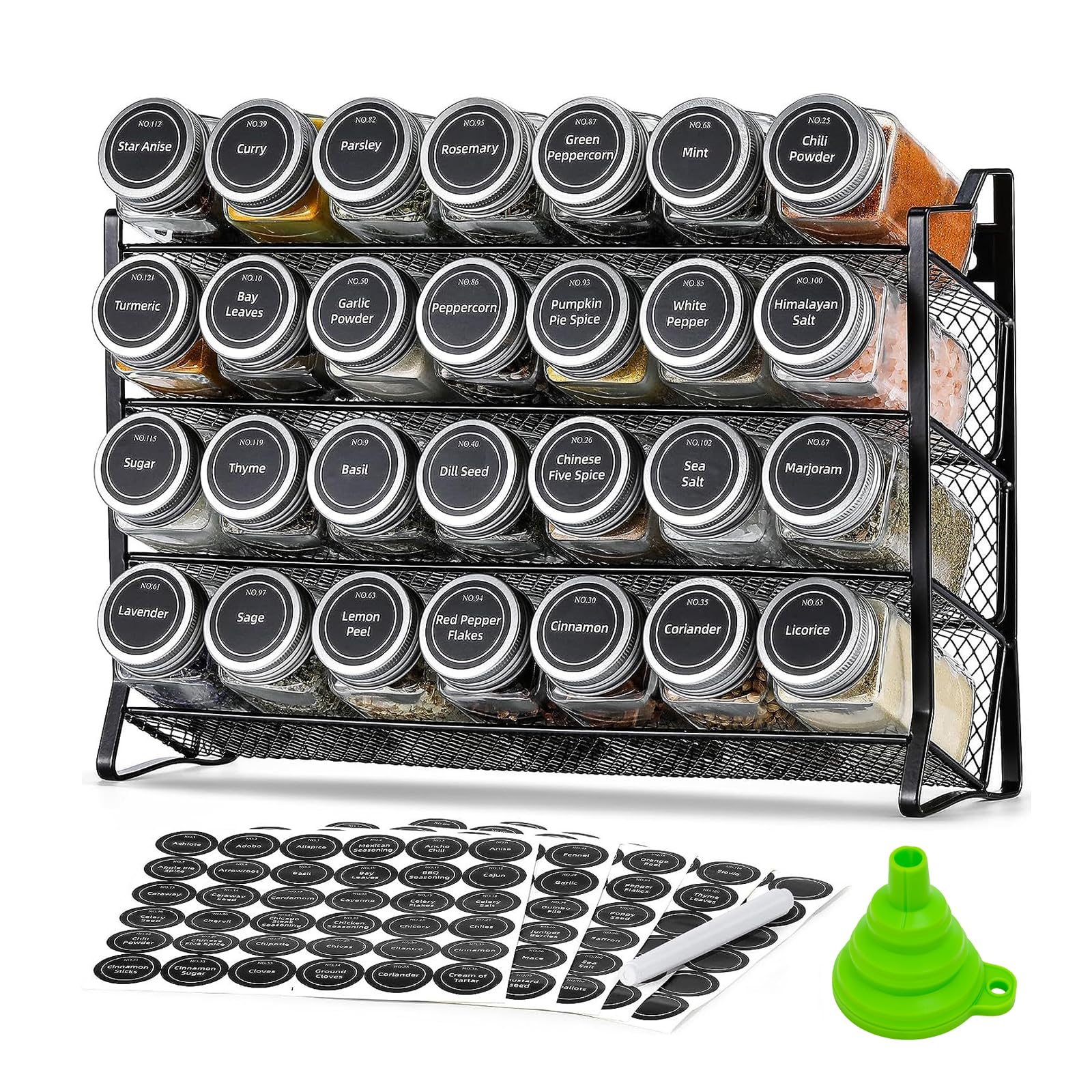 Lot de 4 étagères à épices à 4 étages avec 28 pots à épices et 180 étiquettes, support à épices, à poser et à monter au mur, pour cuisine, armoire et plan de travail