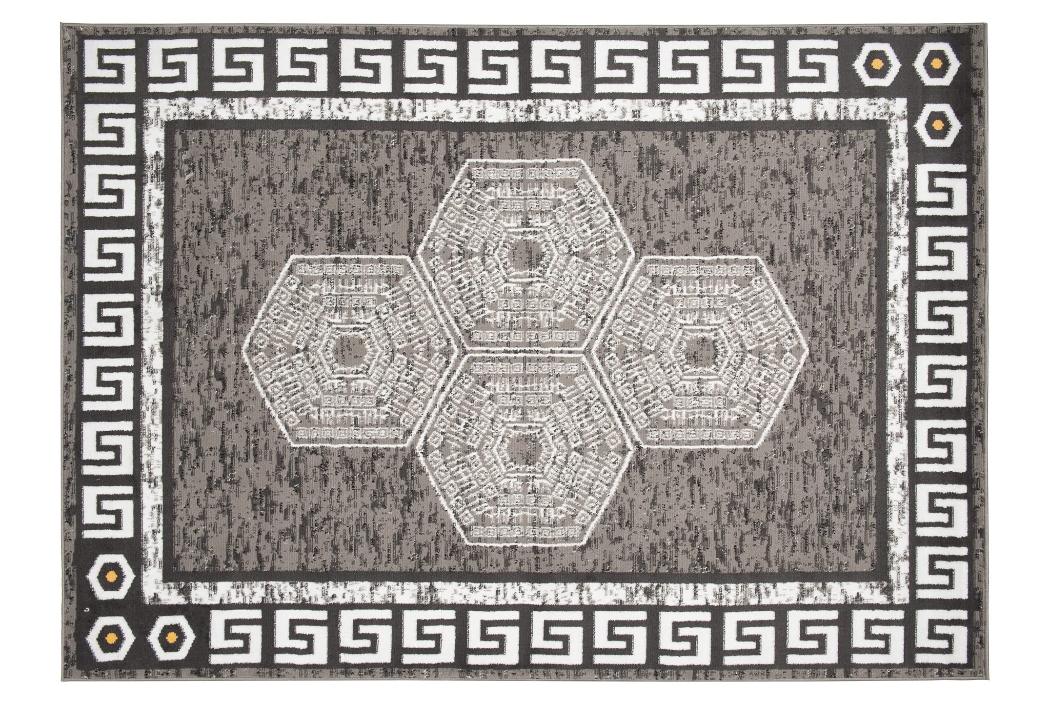 TAPISO Atena Tapis de Salon Chambre Ado Design Moderne Graphite Blanc Jaune Motif Grec Bordé Fin Poil Court 140 x 200 cm