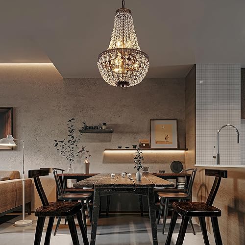 Miniatura 6 de Wellmet 6 luces de araña de cristal imperio francés, lámpara colgante de granja de 13 pulgadas, lámpara de techo ajustable de bronce antiguo para