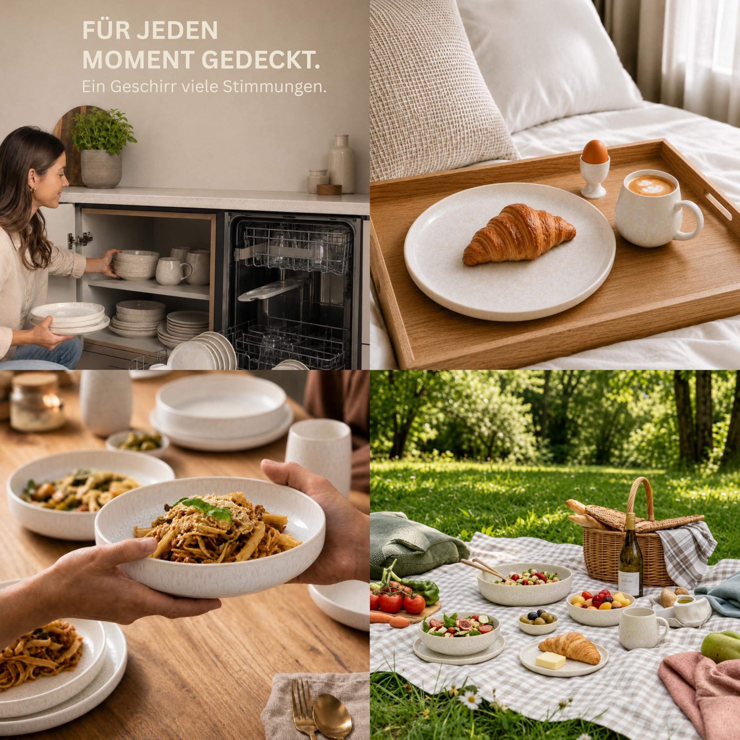 SÄNGER Geschirrset Korfu 12 tlg Steingut Handmade Teller Set Creme Sandiger Maserung