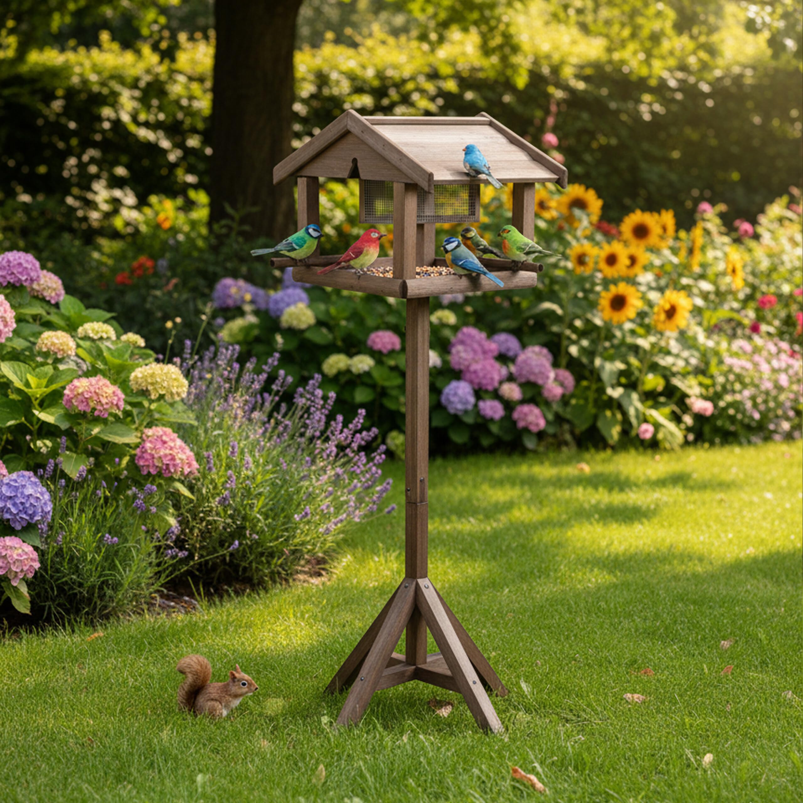 Relaxdays Comedero para pájaros con Soporte y silo de alimento, Madera de Abeto marrón, 117 x 50 x 50 cm