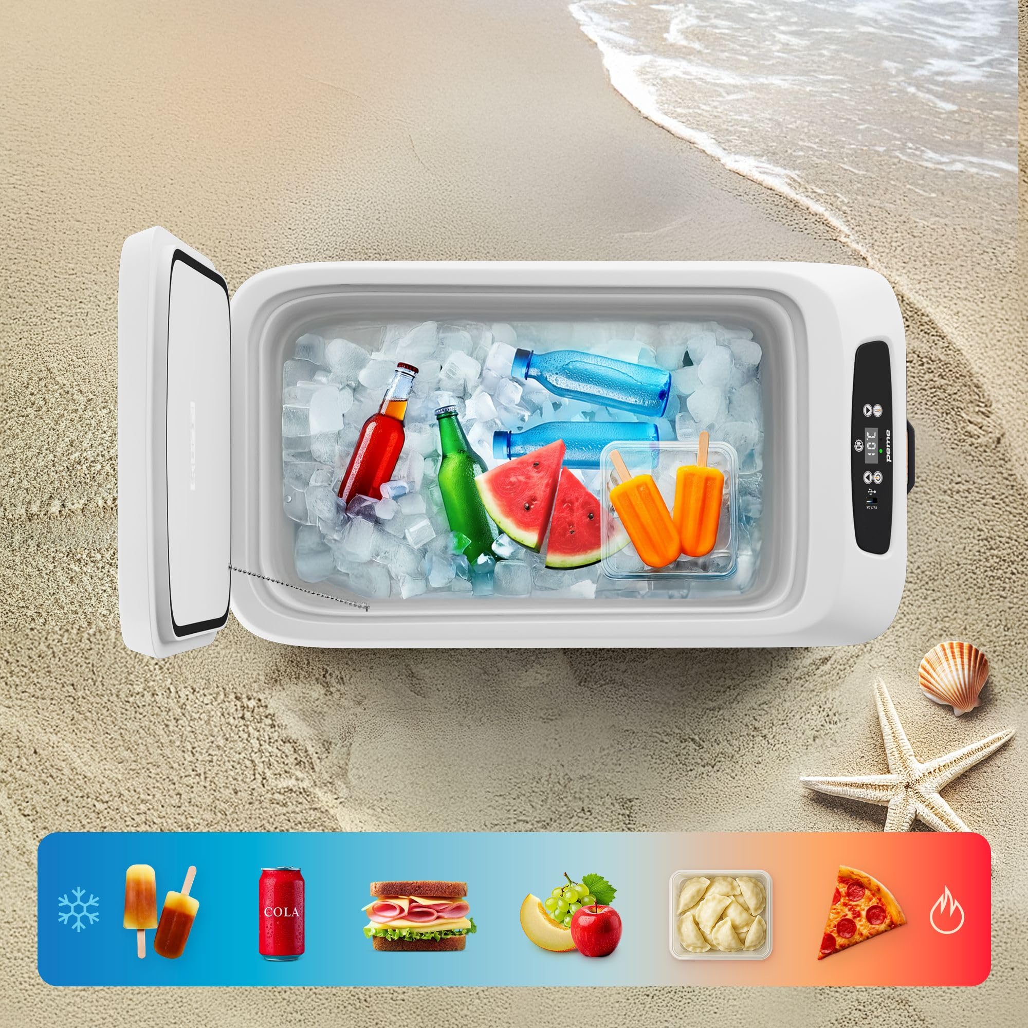 peme Ice On 28,3L – Przenośna lodówka termoelektryczna z wyświetlaczem LCD, portem USB, podwójnym zasilaniem 12V/230V – Idealna na camping, podróże & do samochodu