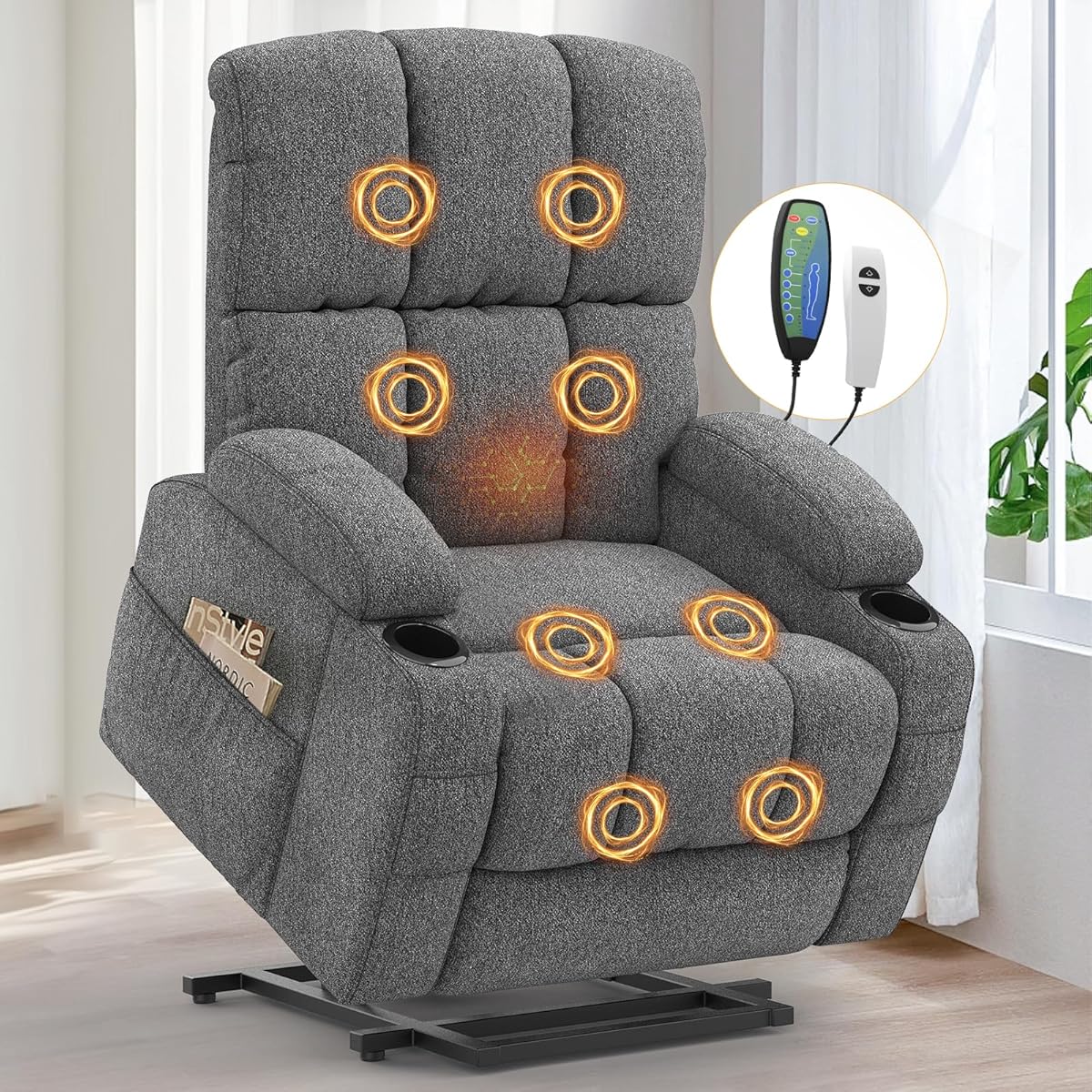 Lift Chair for elderly, Recliner Armchair with Massage and Back Heating, Extended Footrest, Reclining Sofa Chairs with Type C+USB, 2 Cup Holders & 4 Sides Pockets