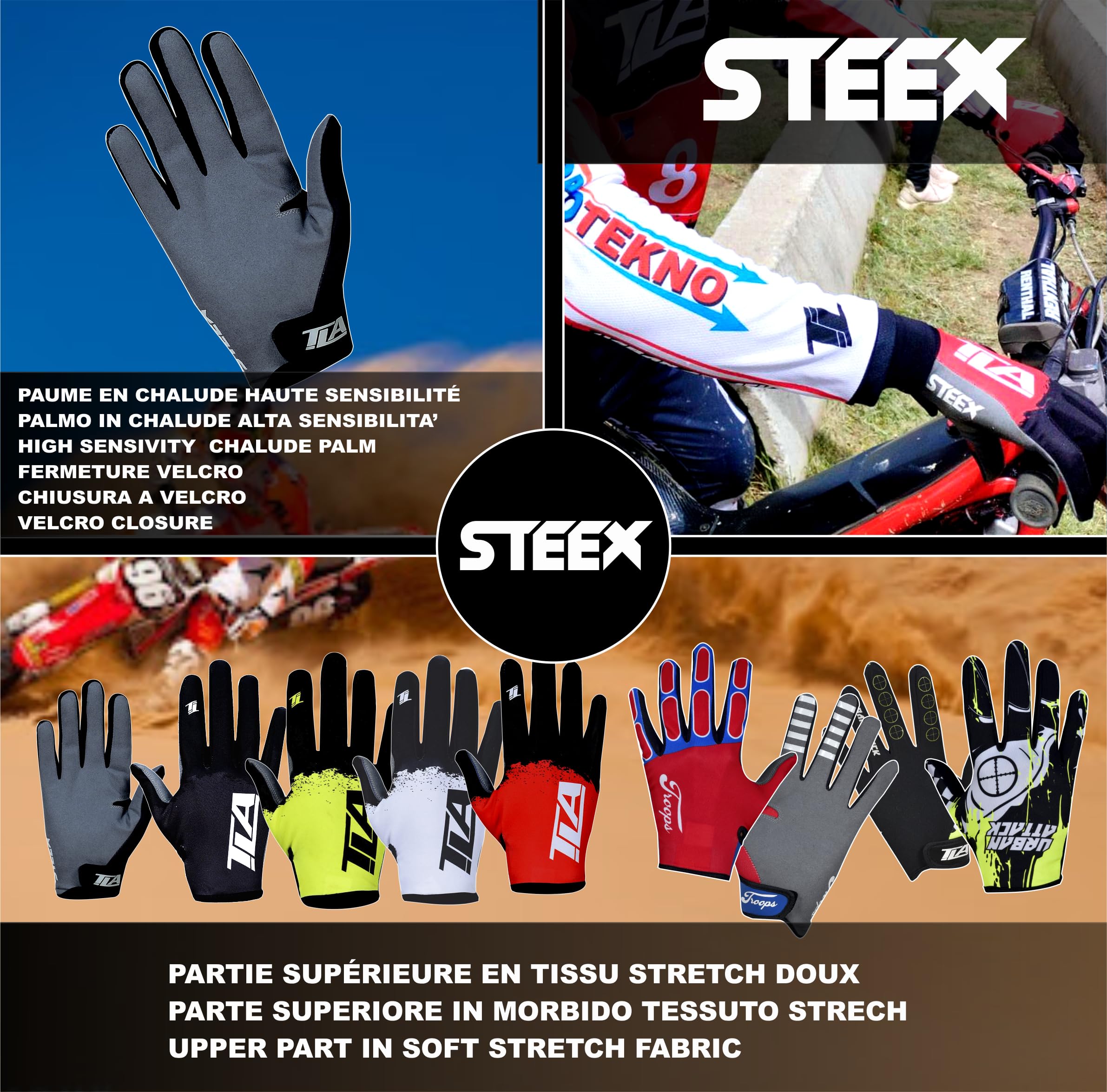 TLA STEEX guantes de motocross, mtb enduro, trial, bmx, hombre, mujer y niño, Ropa de moto y bicicleta. Guantes moto y ciclismo, verano, elásticos, ligeros, transpirables y resistentes al desgaste.