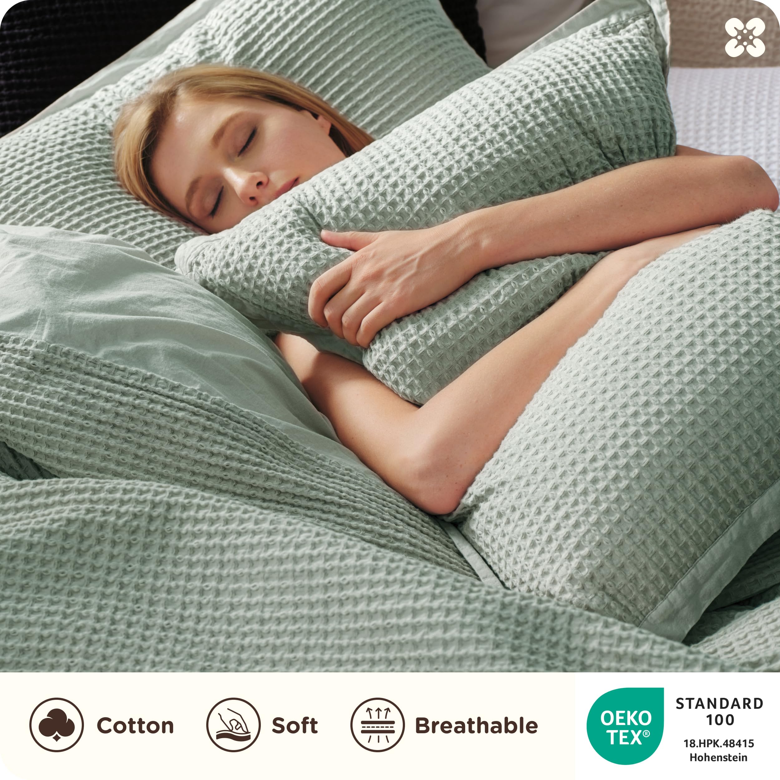 Bedsure Bawełniana poszewka na kołdrę w rozmiarze queen – 100% bawełna o splocie waflowym szałwiowa zielona poszewka na kołdrę rozmiar queen size, PureWoven oddychający zestaw pościeli na każdą porę