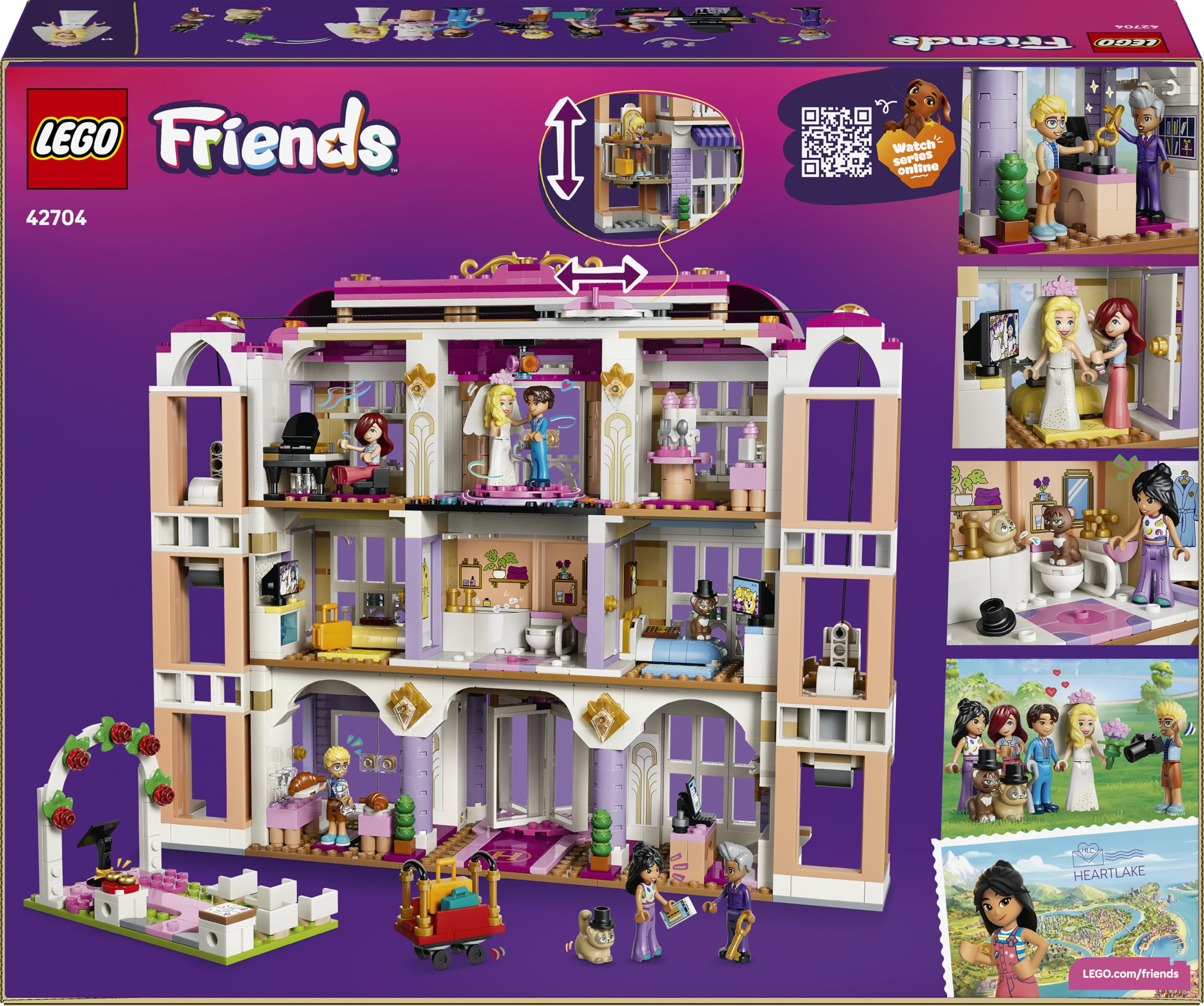LEGO Friends Das Grandhotel von Heartlake City - Miniatur Modell mit 6 Minifiguren, 2 Tierfiguren & Zubehör - Kinderzimmer Deko - Geschenkidee für Mädchen ab 9 Jahren - 42704