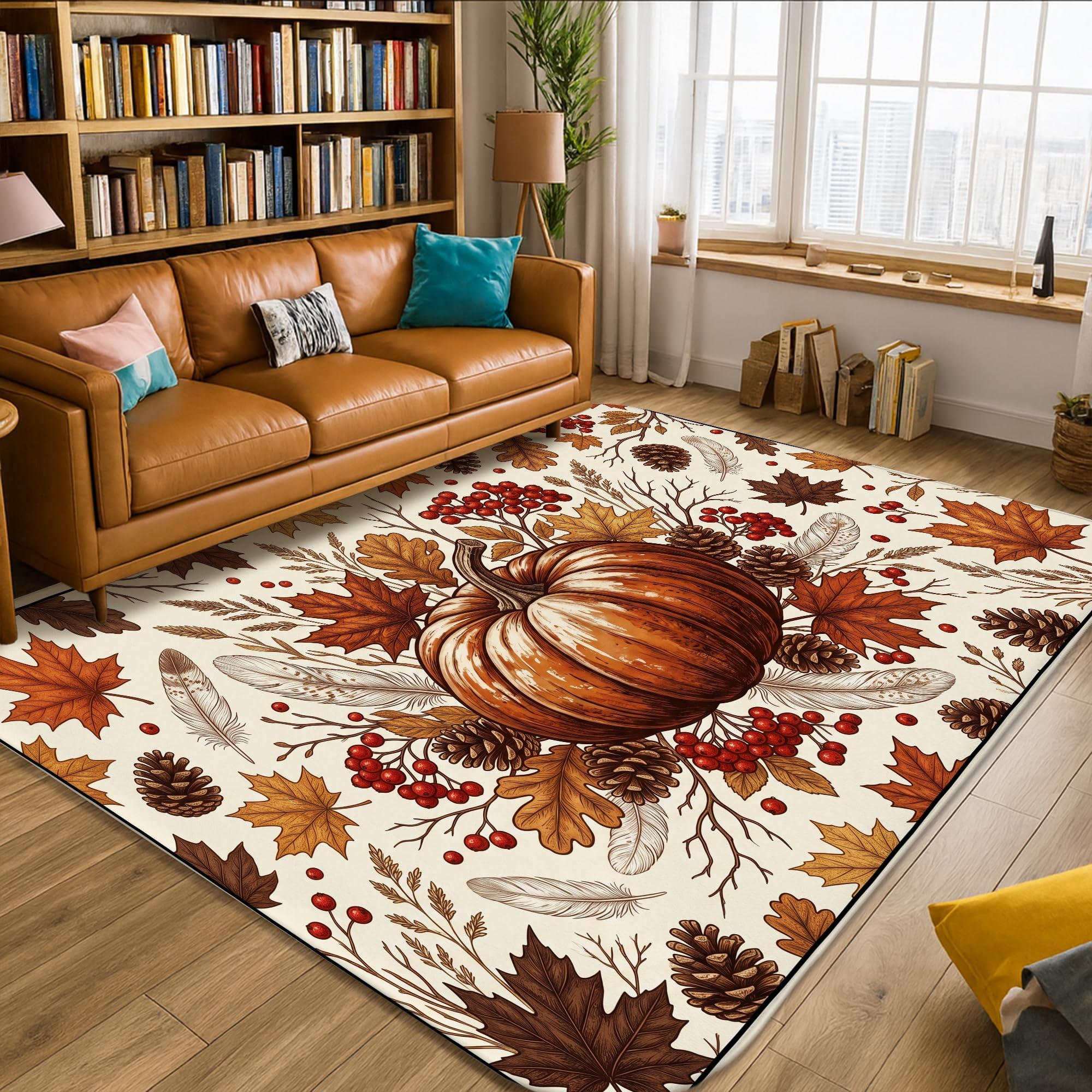 Alfombra de área de calabazas, rústica, tradicional, hojas, bayas, otoño, naranja, de pelo bajo, alfombra rectangular para el suelo, alfombras de suelo para sala de estar, dormitorio, aula, decoración
