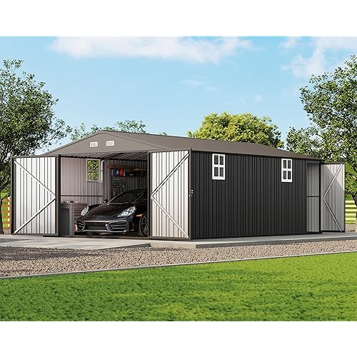 Jocisland 10.1x20.7x7.3 FT Heavy Duty Metal Carport, Car Canopy with 2 Lockable Doors & 4 Windows, All-Weather Car Shelter for Car, Boat, Truck, Lawn Equipment, Dark Gray