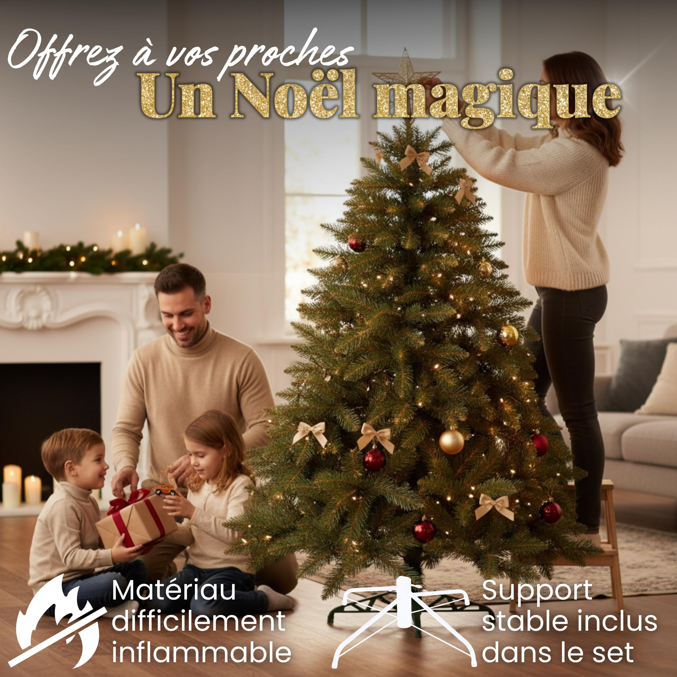 SPRINGOS Sapin de Noël en épicéa du Caucase 180 cm artificiel fabriqué en UE Support en plastique, Vertes