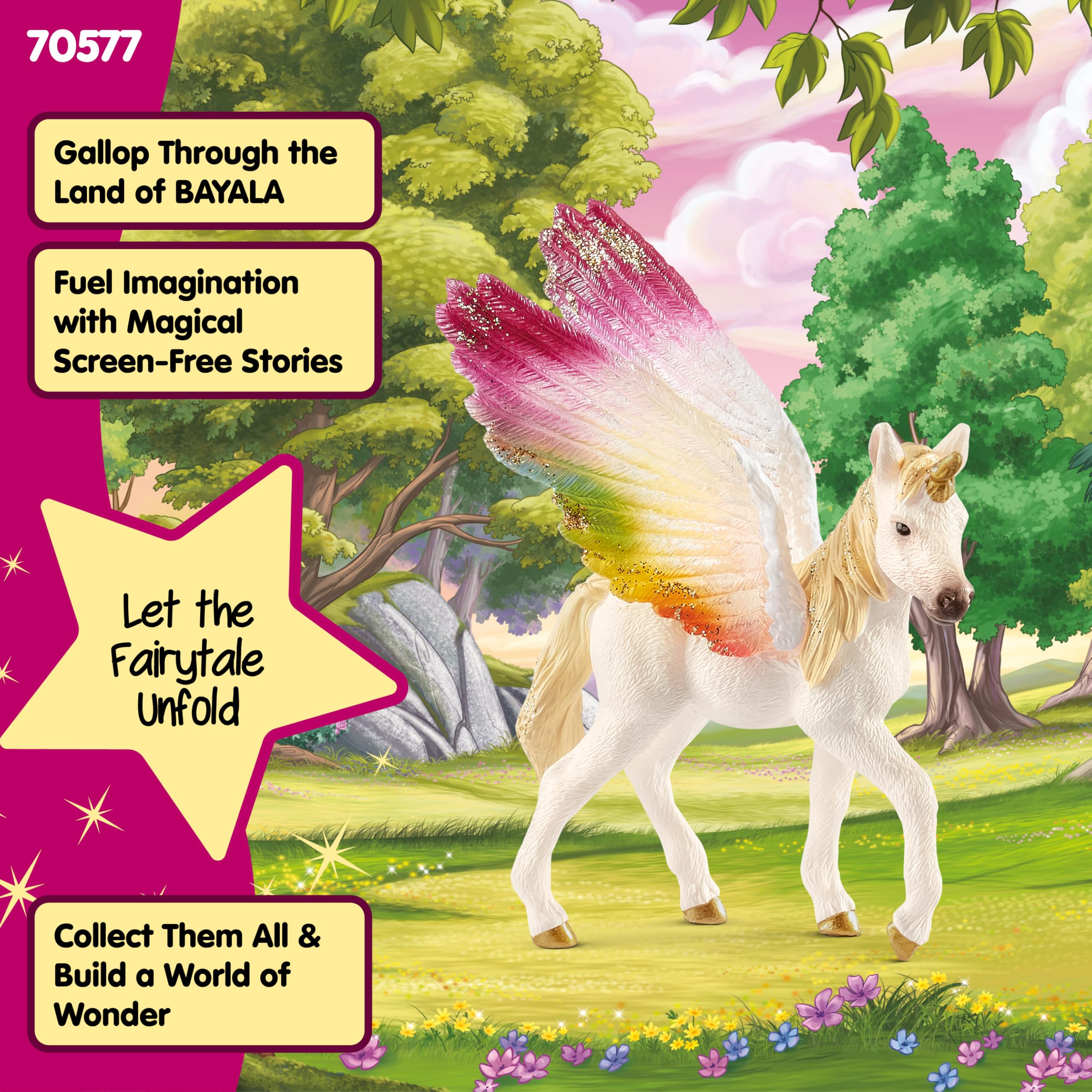 schleich BAYALA | Skrzydlate Źrebię Tęczowego Jednorożca 70577 | szczegółowa figurka kolekcjonerska | magiczny prezent dla dziewczynek i chłopców | zabawka od 5 lat | 8 x 5 x 10 cm