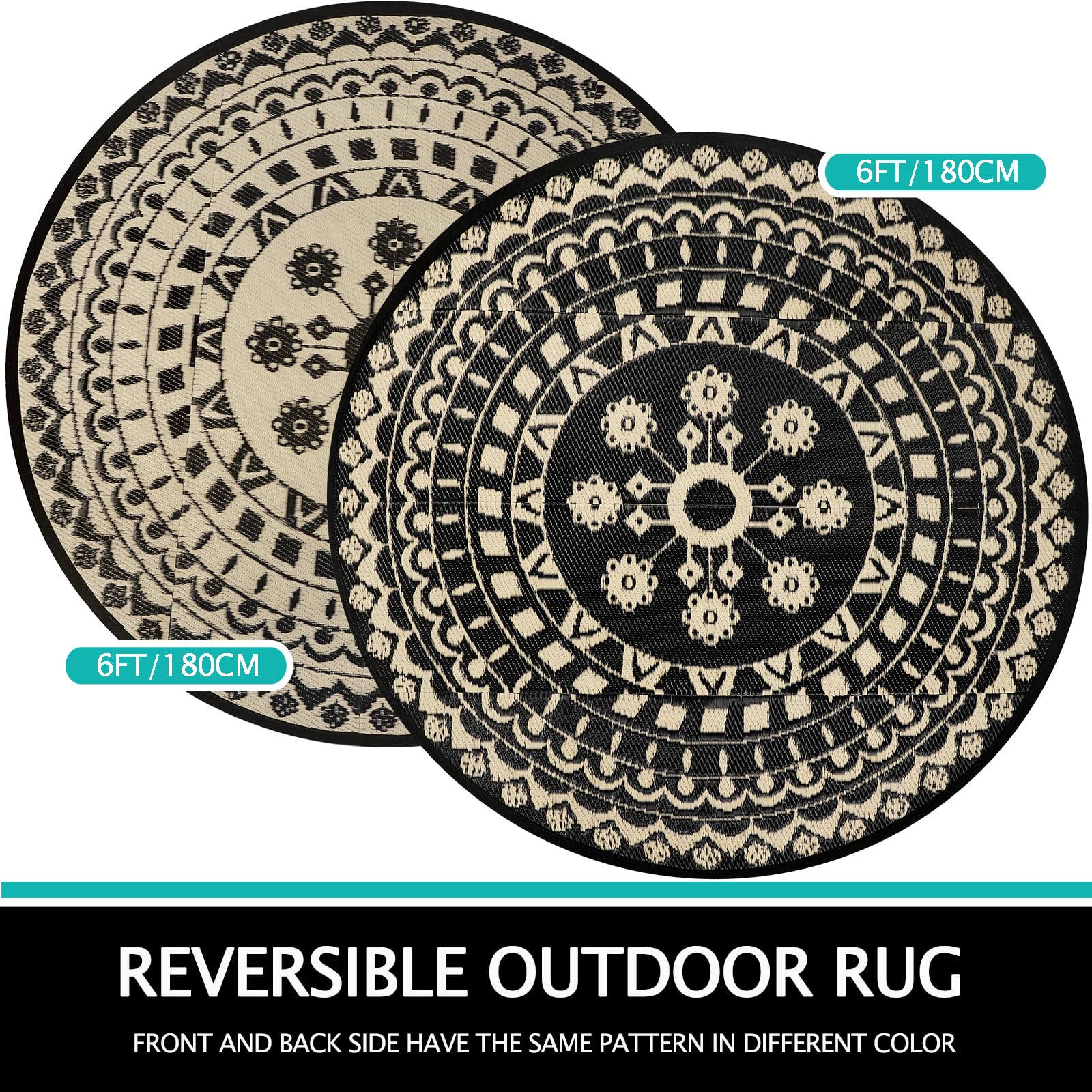 Capslpad Tappeto rotondo per esterni per terrazza, reversibile, impermeabile, in plastica, cerchio boho, per interni ed esterni, tappeto per camper, campeggio, picnic, piscina, tenda, balcone
