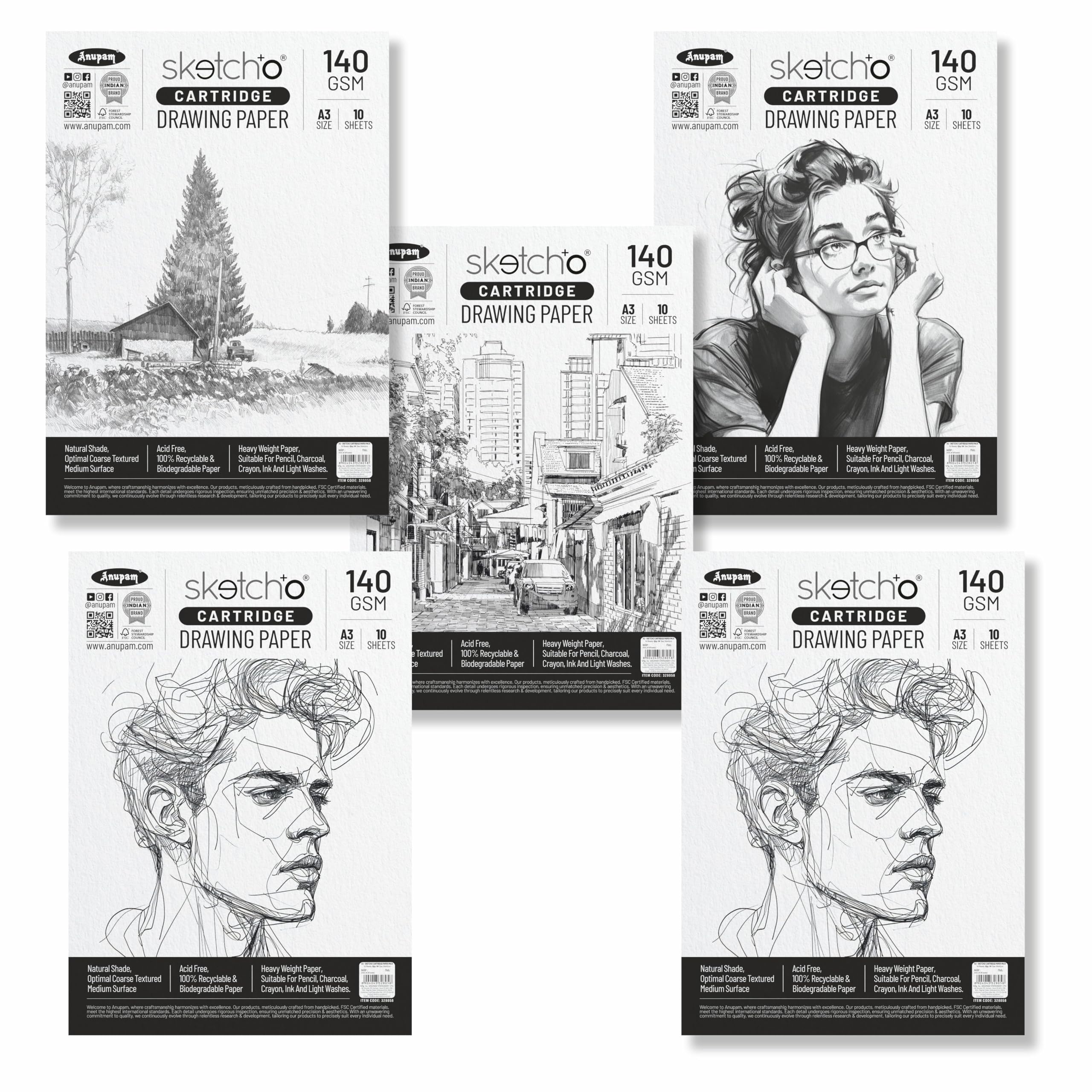 Anupam A3 Artists Sketching & Drawing Paper 140 GSM 10 Loose Sheet for Sketching & Drawing with Pencil, Charcoal, Graphite, Chalk, Oil Pastel & Wax Crayon for Artist's & Amateurs (Pack of 5)