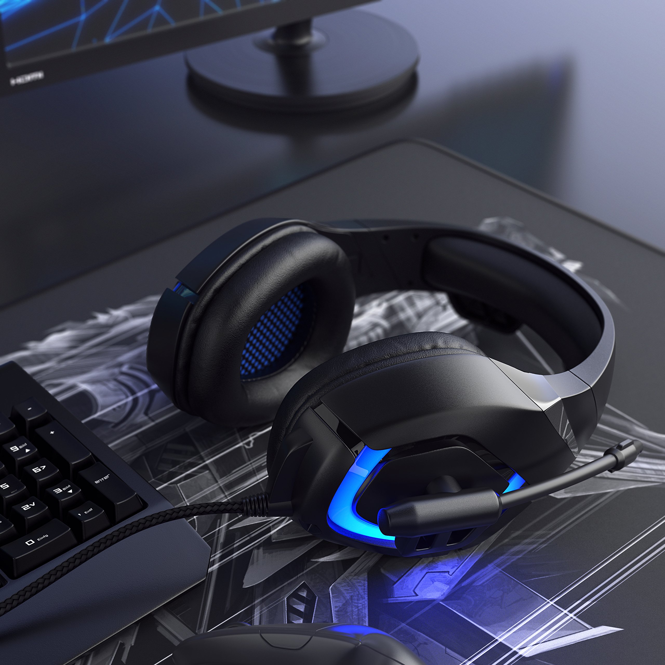 CSL - USB Gaming PC Headset mit Mikrofon - Kabelfernbedienung Externe Soundkarte - Mikrofon flexibel einklappbar - für Gaming Musik Internet-Telefonie - LED-Beleuchtung - für PC Mac