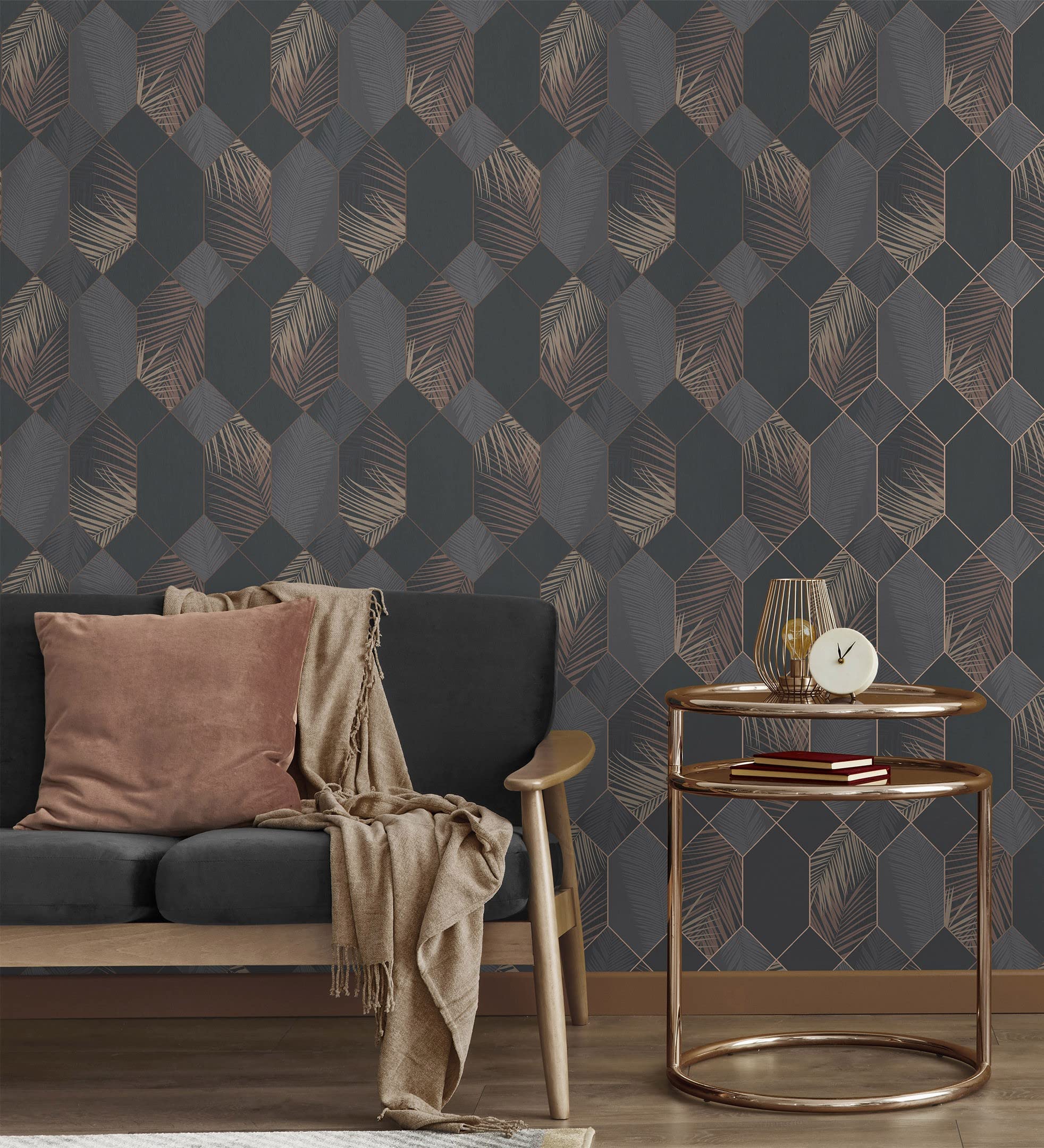GAULAN 681282 - Papel pintado lavable geométrico panel hexagonal con hojas tropicales para pared salón dormitorio pasillo comedor - Rollo de 10 m x 0,53 m