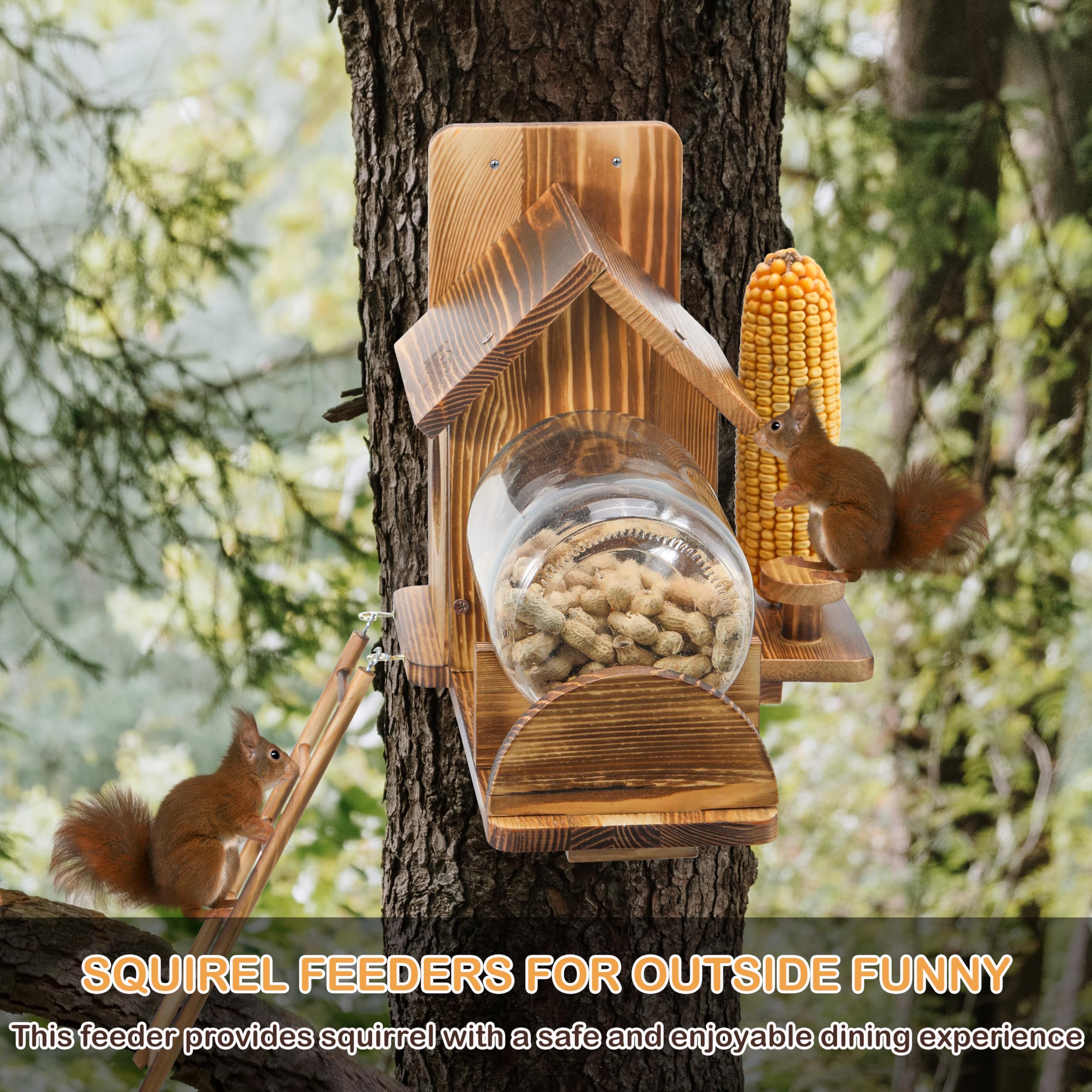 Boulphia Squirrel Feeder Wood Squirrel Feeders for Outside Funny Squirrel House with Nut Peanuts Storage Bottle and Corn Cob Holder
