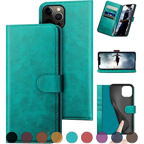 for iPhone 12 Pro Max 6.7" Genuine Leather Wallet case【RFID Blocking】【4 Credit Card Holder】【Real Leather】 Flip Folio Book Phone case Protective Cover Women Men for 12ProMax case Blue Green