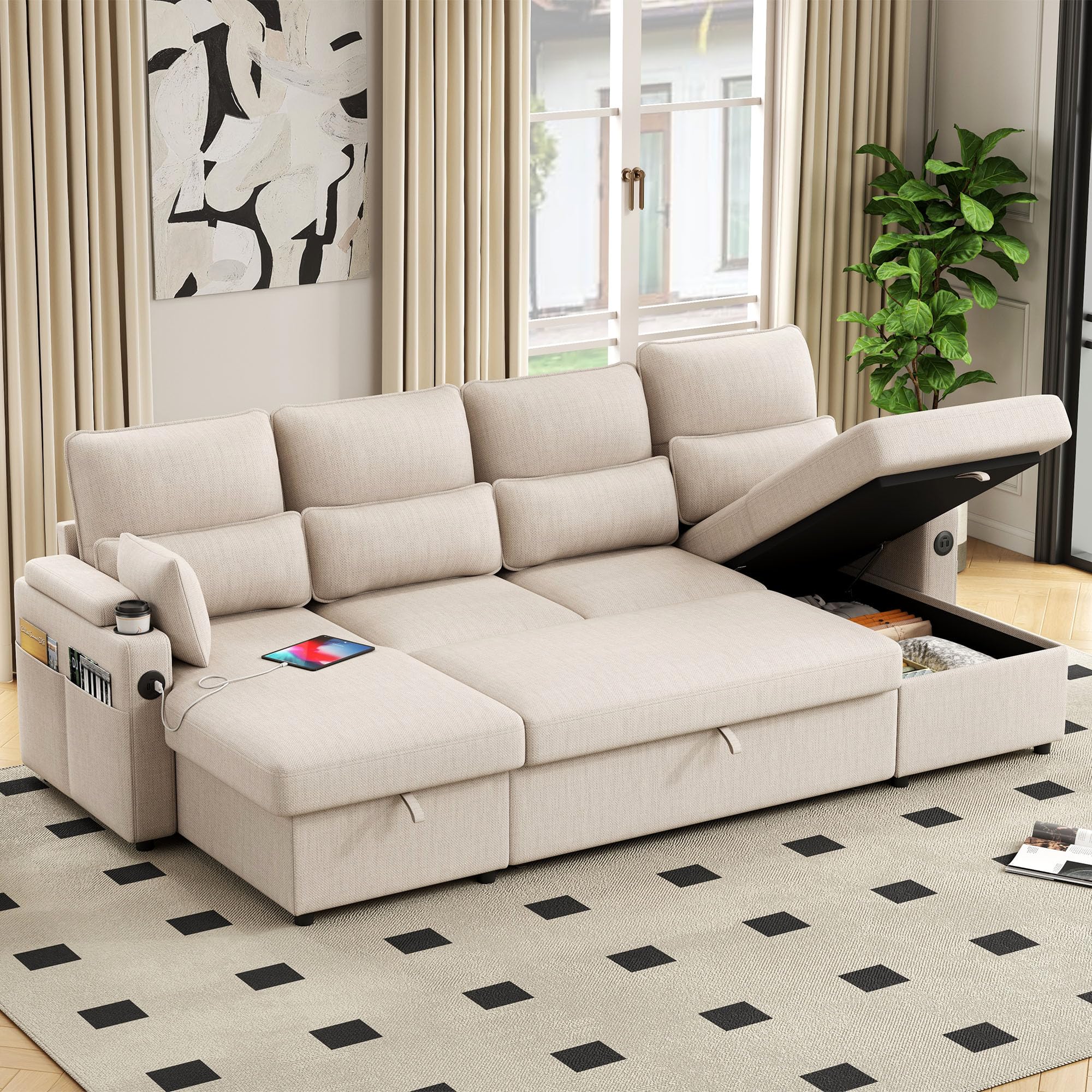 Jantaypor 104.7" U-Shaped Sectional Sofa Couch, Pull-Out Sleeper Sofa Bed with Storage Chaise, Double Cup Holders, Dual USB Charging Ports, Couches