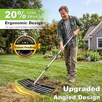 36 x 10 Lawn Leveling Rake, Angled Design Yard Leveler Rake