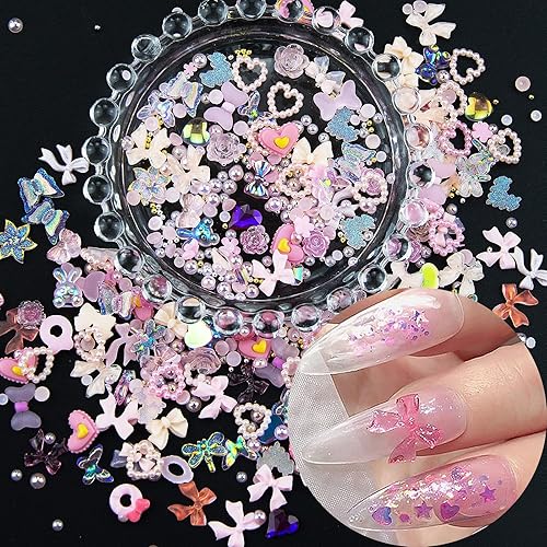 550 dijes de uñas rosas surtidos 3D con parte trasera plana, corazón, flor, mariposa, oso, diamantes de imitación, mezcla de oro, plata, rosa,