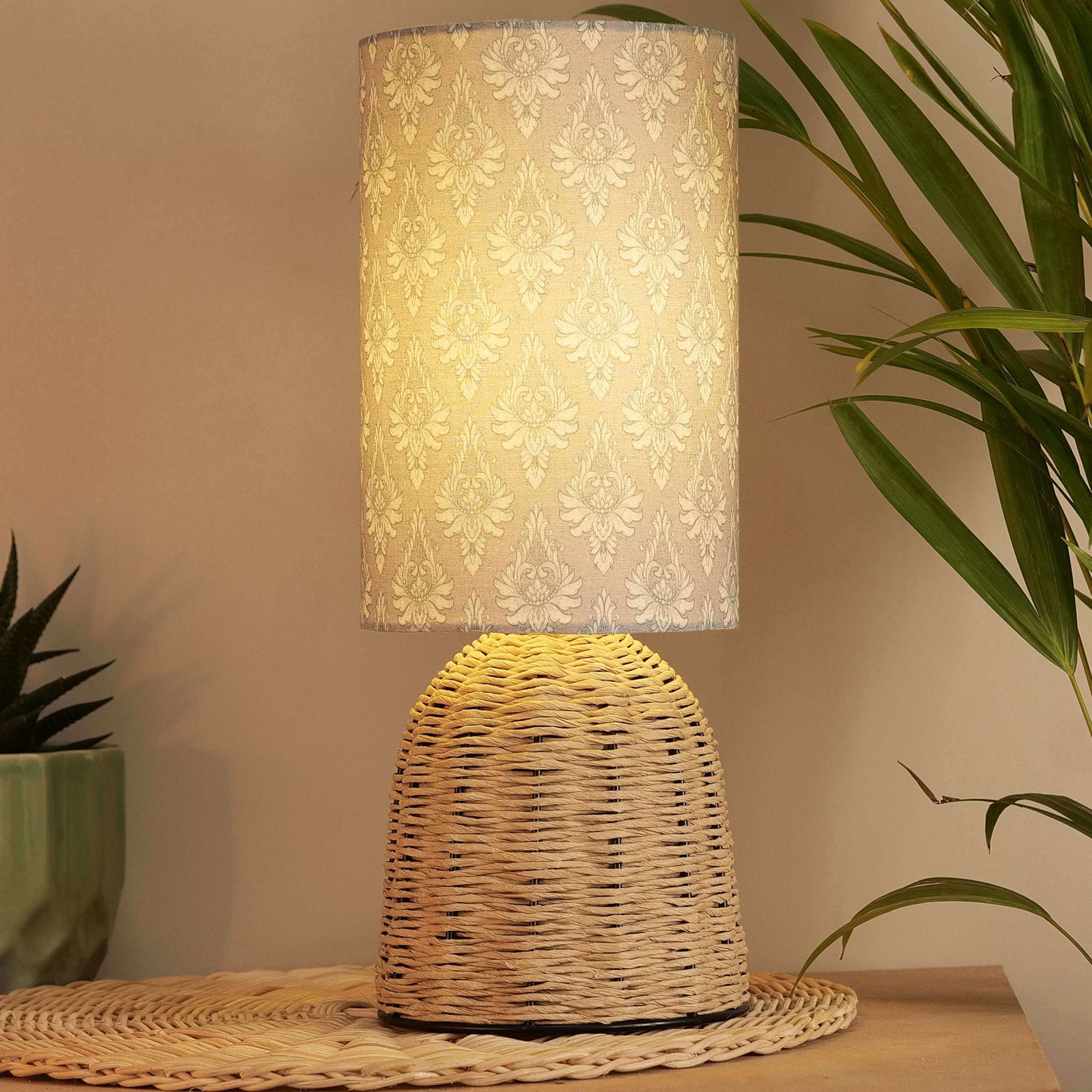 Decazone Elegant Design Small Boho Table Lamp Rustic Paper Rope Rattan Wicker Look Standard Bedside Table Desk Lamp with Contemporary Linen Shade