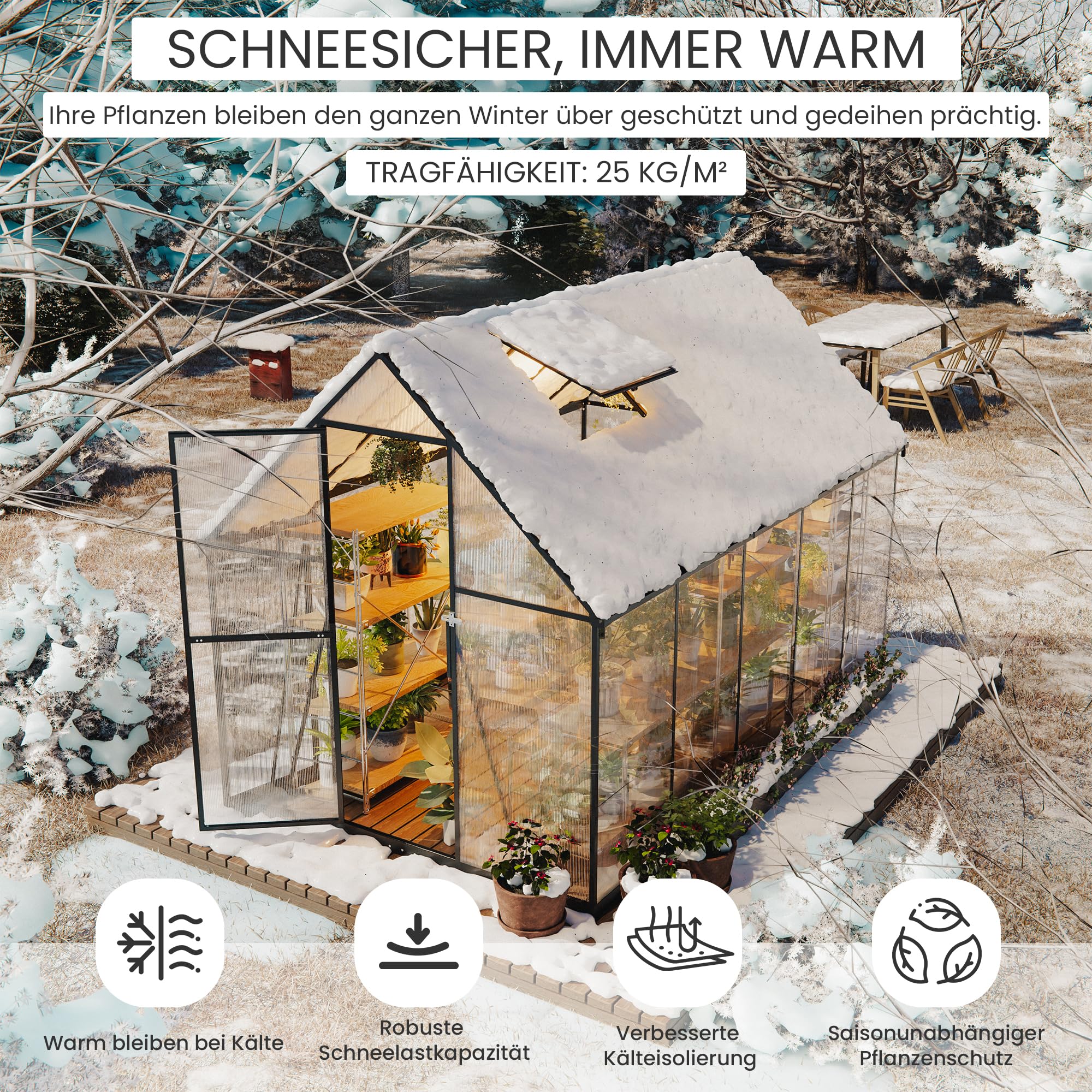 ALAULM Polycarbonat-Gewächshaus 175x281x195cm, mit abschließbarer Tür, Satteldach, Lüftungsfenster & Regenrinnen, Wetterfest für Terrasse & Garten (Schwarz)