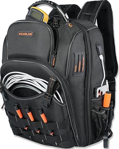 Miniatura 1 de WELKINLAND Mochila de 66 bolsillos bolsa de herramientas, mochila de herramientas resistente, mochila para electricista, mochila para lugar de