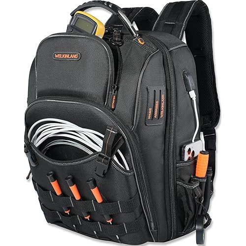 66-Pockets Tool Bag, Heavy-Duty Jobsite back pack for electricians, construction, men
