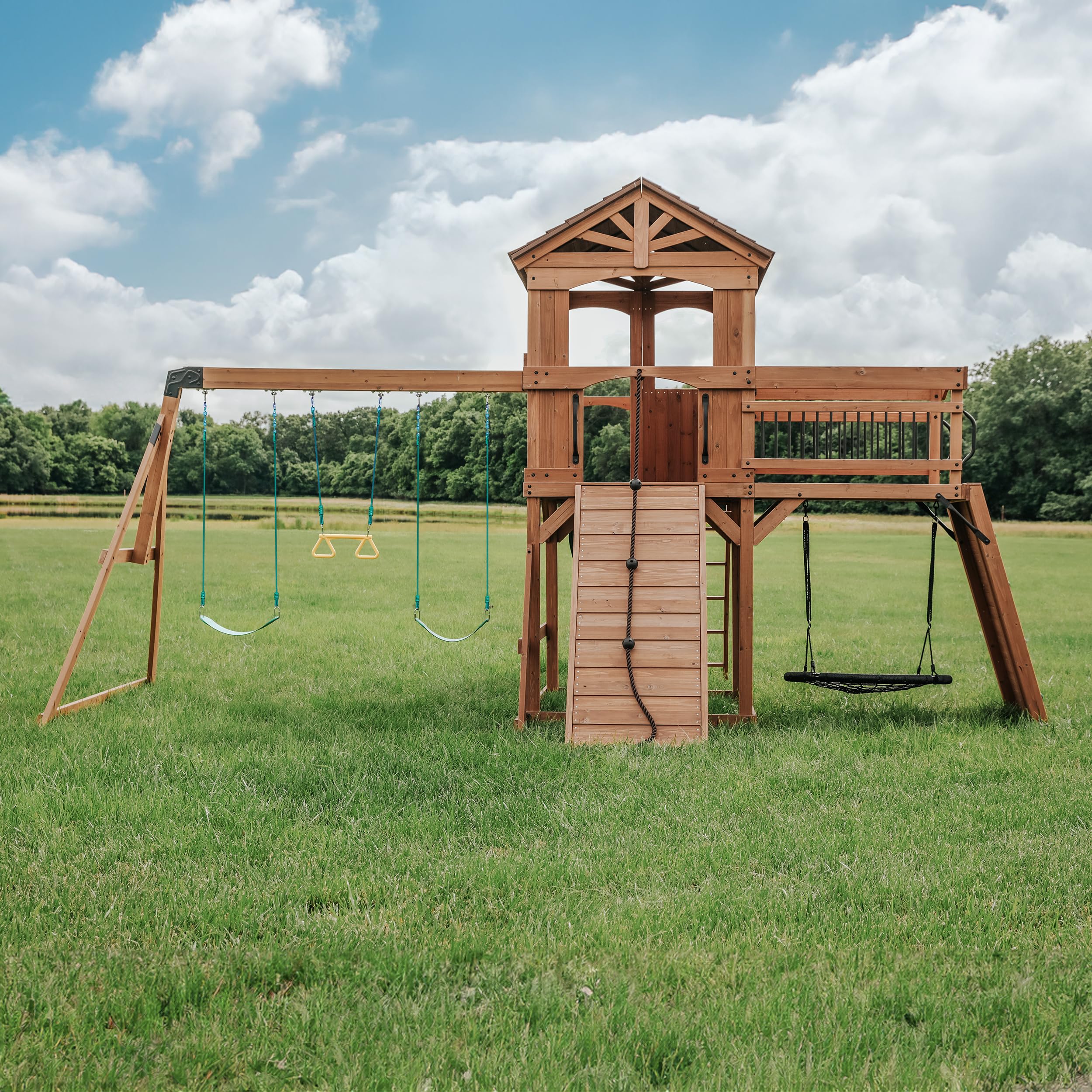 Backyard Discovery Sterling Point Ogrodowy plac zabaw, plac zabaw na swiezym powietrzu, drewniany plac zabaw | ogrod wspinaczkowy ze sciankami Rts, duza zjezdzalnia, hustawki | domek zewn?trzny XXL