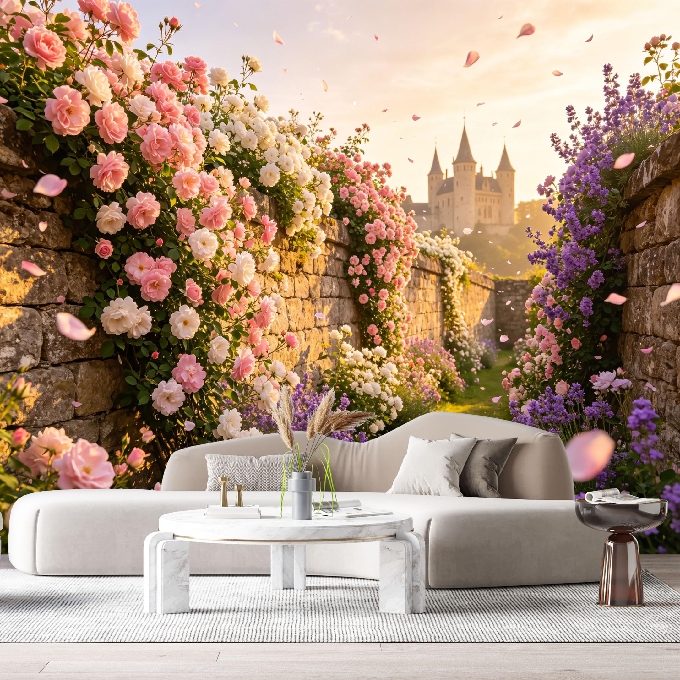 Custom Size Wall Murals Botanical European Castle Stone Wall Lavender Rose Flowers Oil Painting SelfAdhesive Wall Fabric Removable Large Wallpaper for Living Room