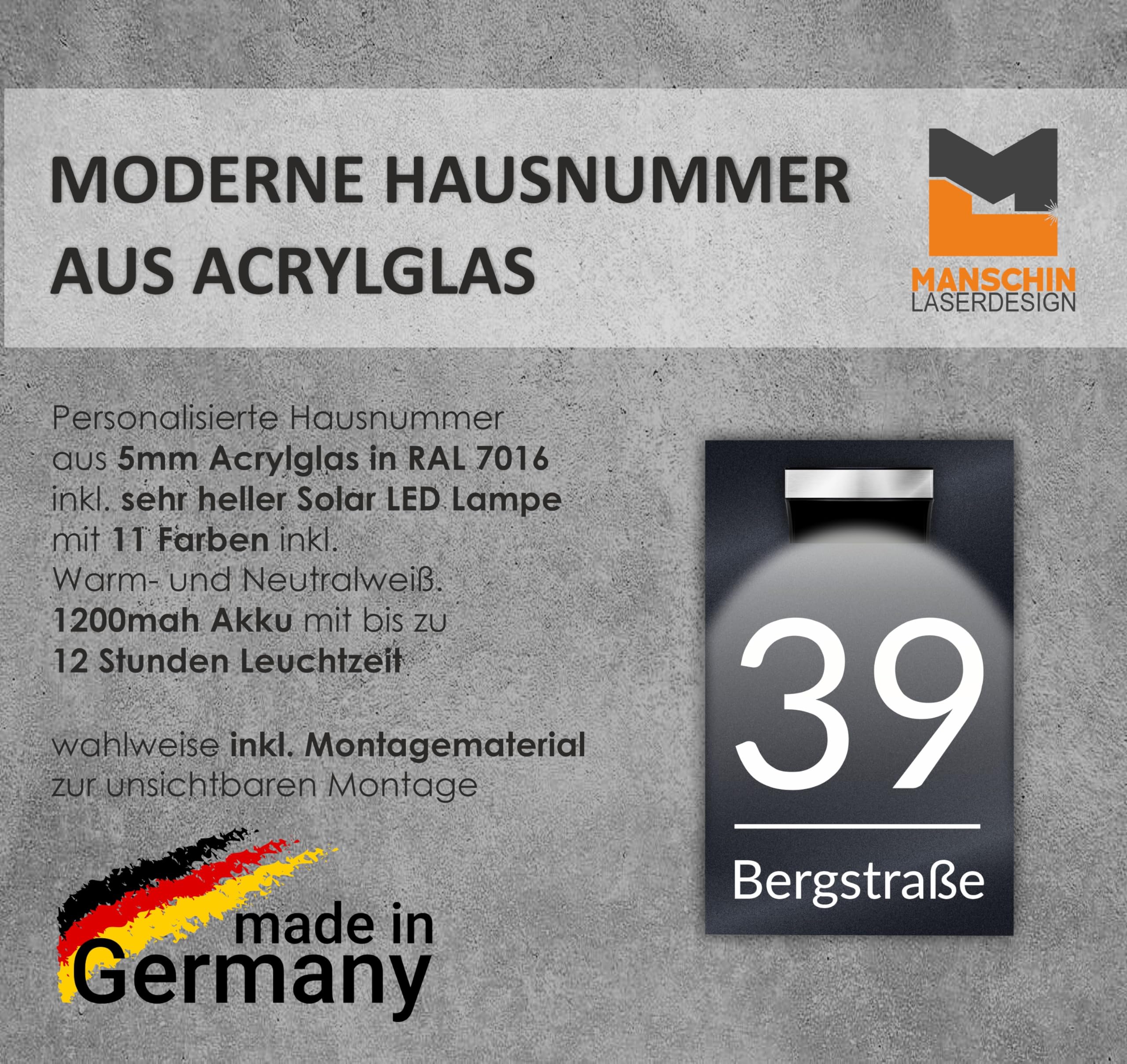 Premium Hausnummer LED Solar Beleuchtet - Acrylglas Anthrazit Matt Individuell H1023