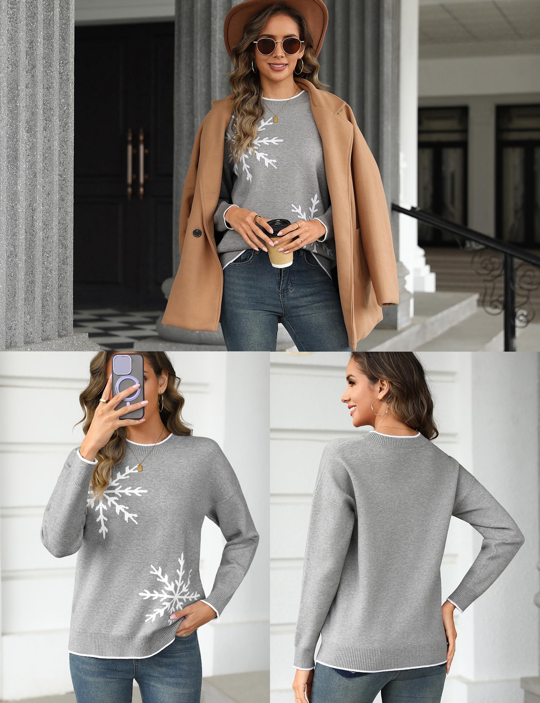 Demegimi Pullover Damen Schneeflocken Weihnachtspullover Rundhals Elegant Strickpullover Herbst Langarm Oberteile Winter Pulli Sweatshirt