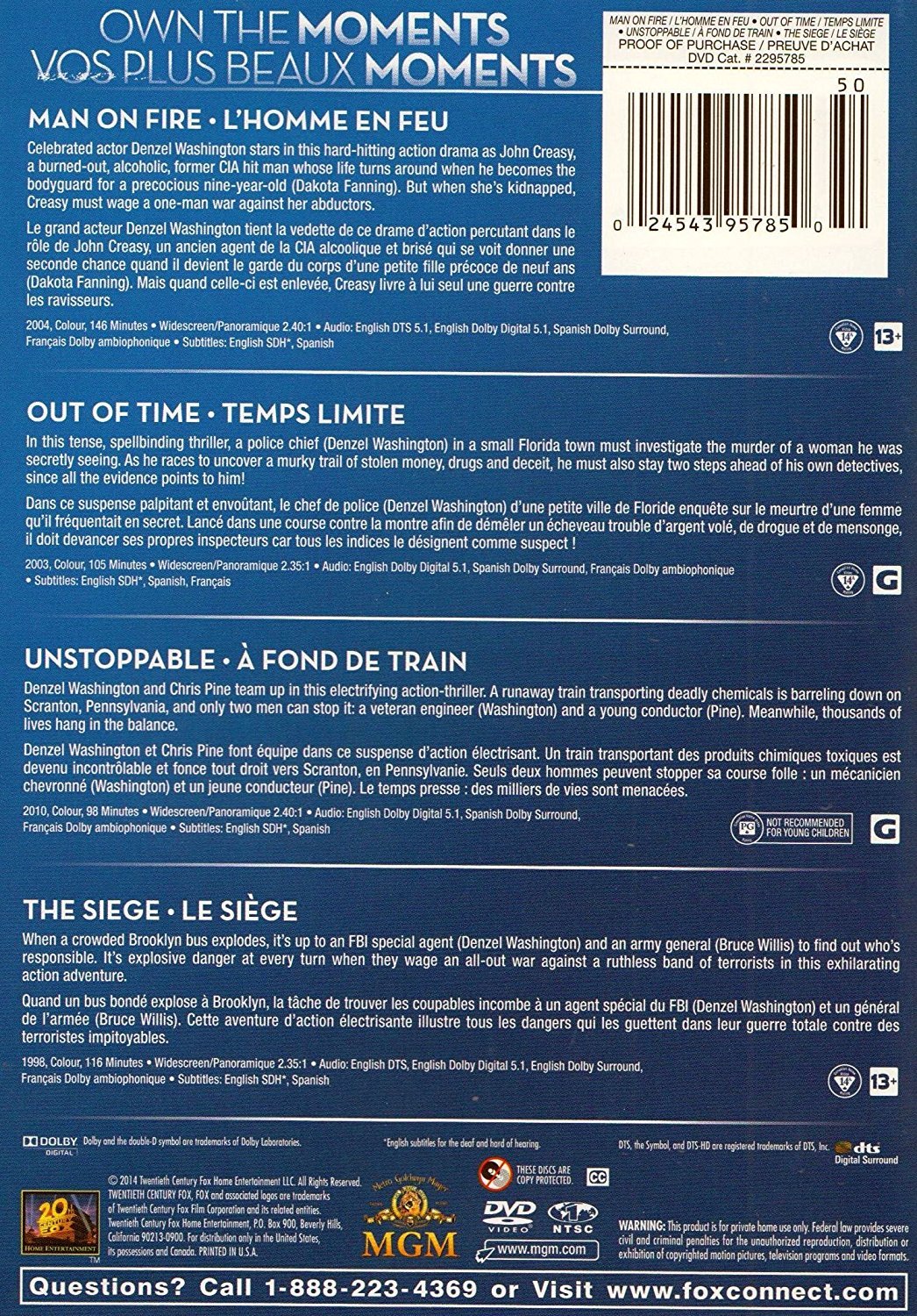 Amazon Com Man On Fire Dvd Training Day Denzel Washington Out Of Time Unstoppable The Siege Own The Moments 5 Films Denzel Washington Ethan Hawke Christopher Walken Ridley