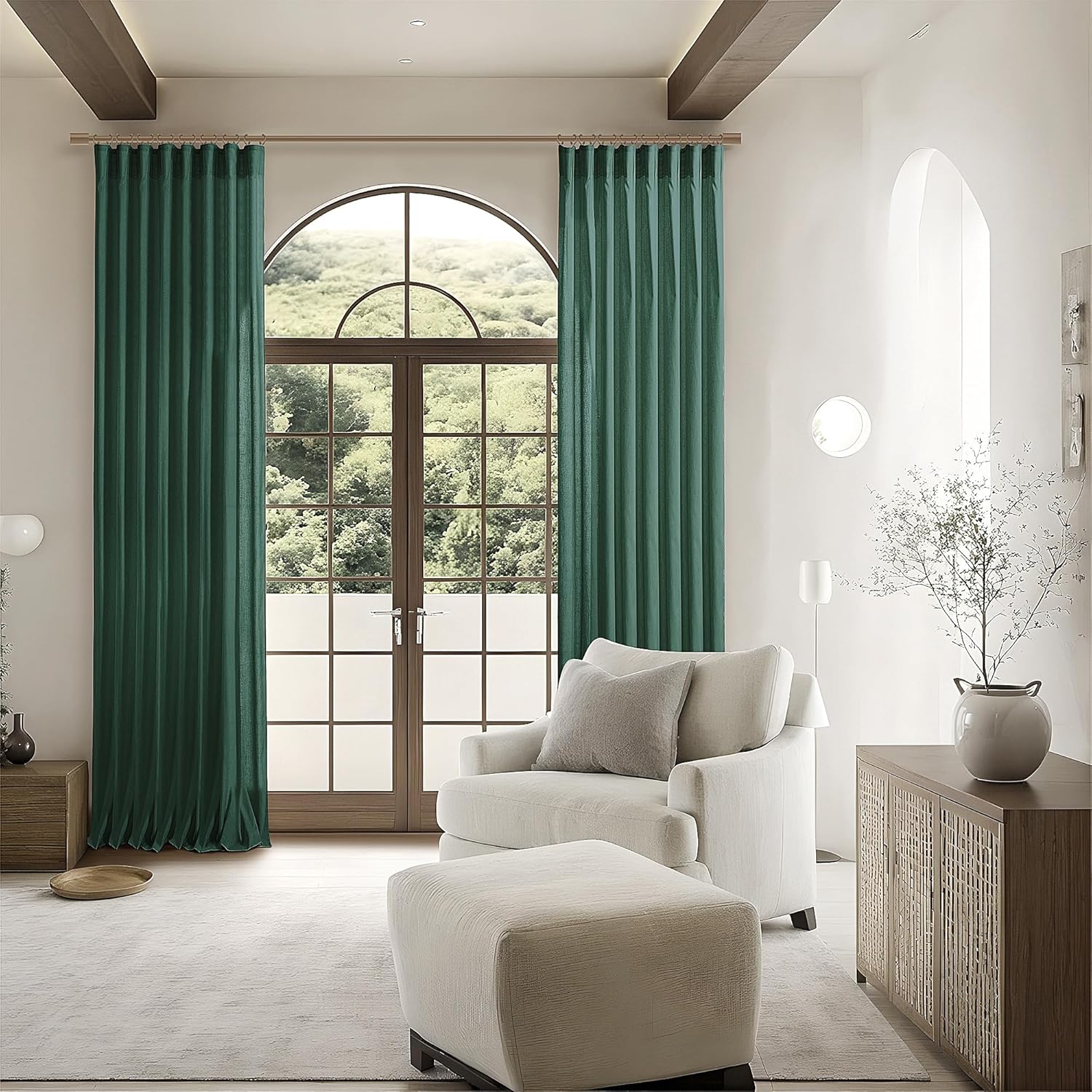 SHINELAND Dark Forest Green Linen Curtains, Moody Nature Botanical Inspired Sheer Panel for Bedroom Living Room, 96 Inch Long 2 Panel Set