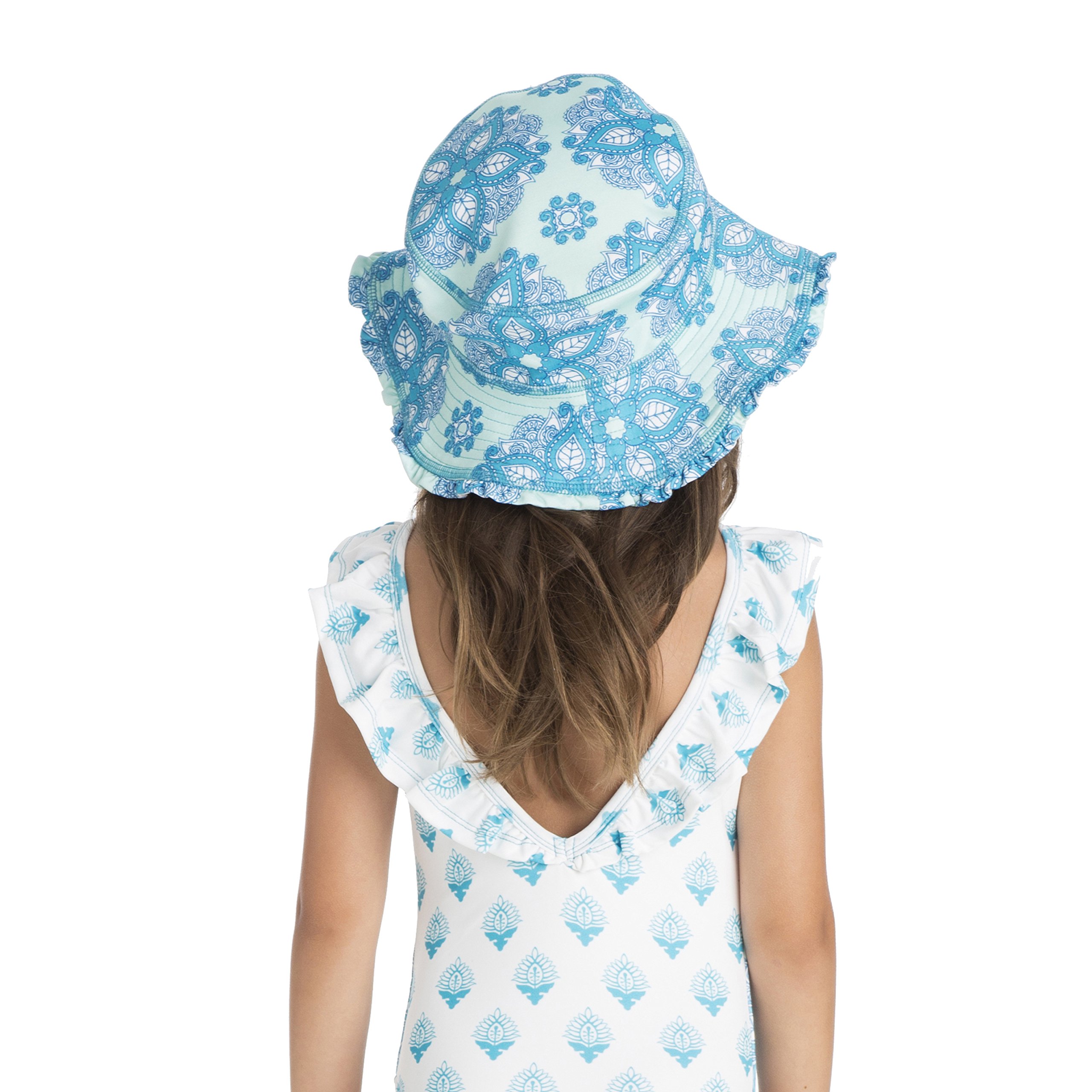 Masala Baby Baby Girls' Swim Reversible Sunhat, India Rose Turquoise, XXS-3-12M