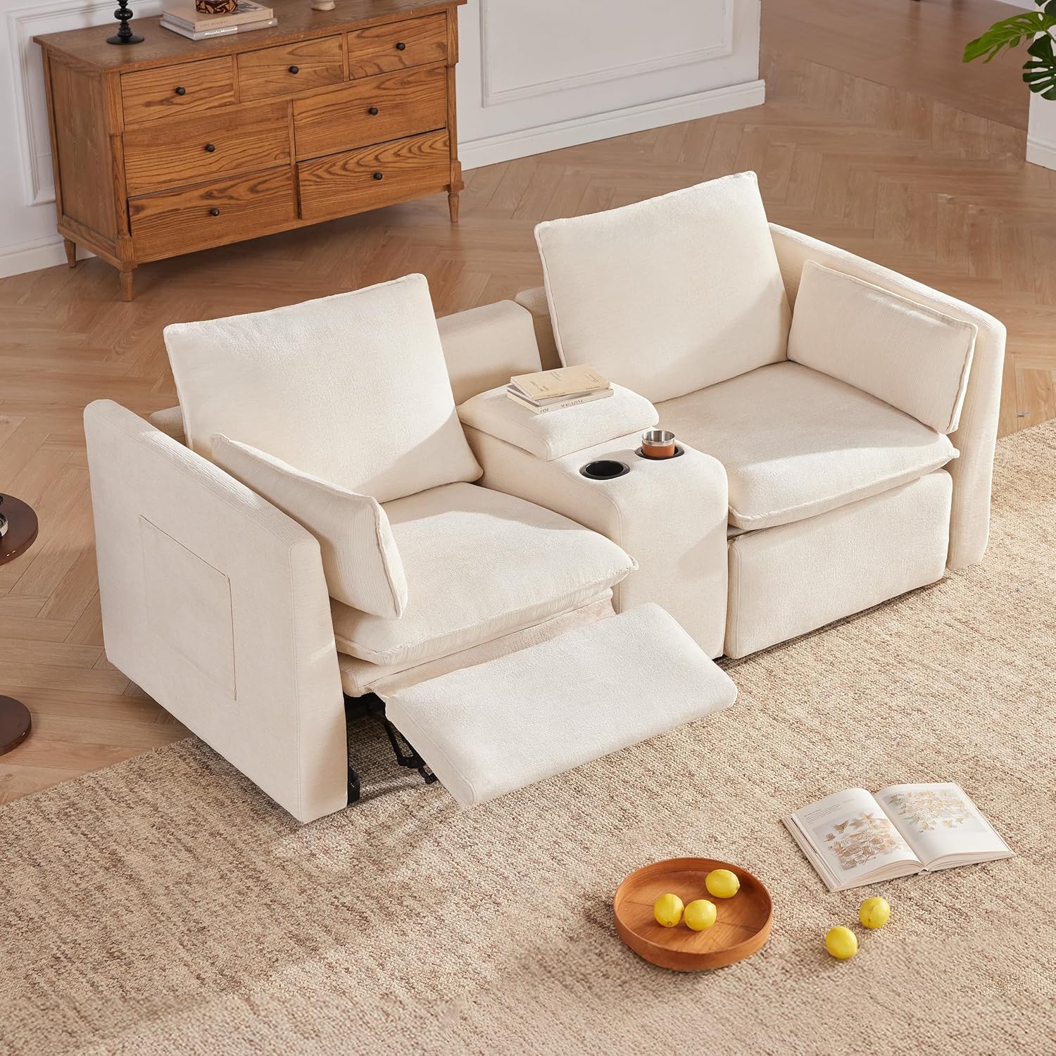 Loveseat Power Reclining Sectional Sofa with Storage Console, Wall-Hugger Recliner Sectional Couch with Cup holders, Reclining Sectional Couch for Living Room and RV Home Theater (Chenille, Beige)