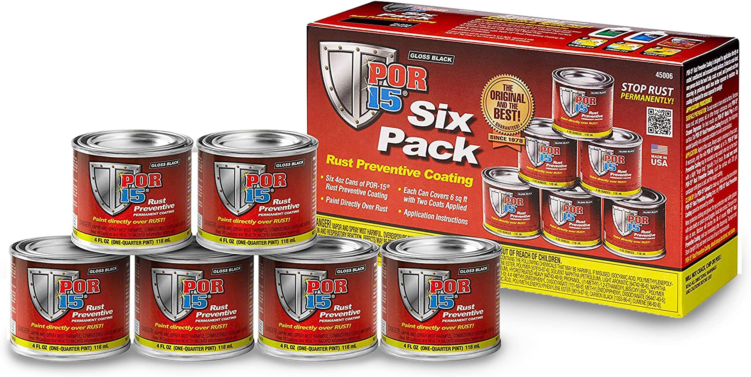 Six Pack Rust Preventive Coating, Stop Rust and Corrosion Permanently, Anti-rust Protective Barrier, 4 Fluid Ounces, Gloss Black, Pack of 6