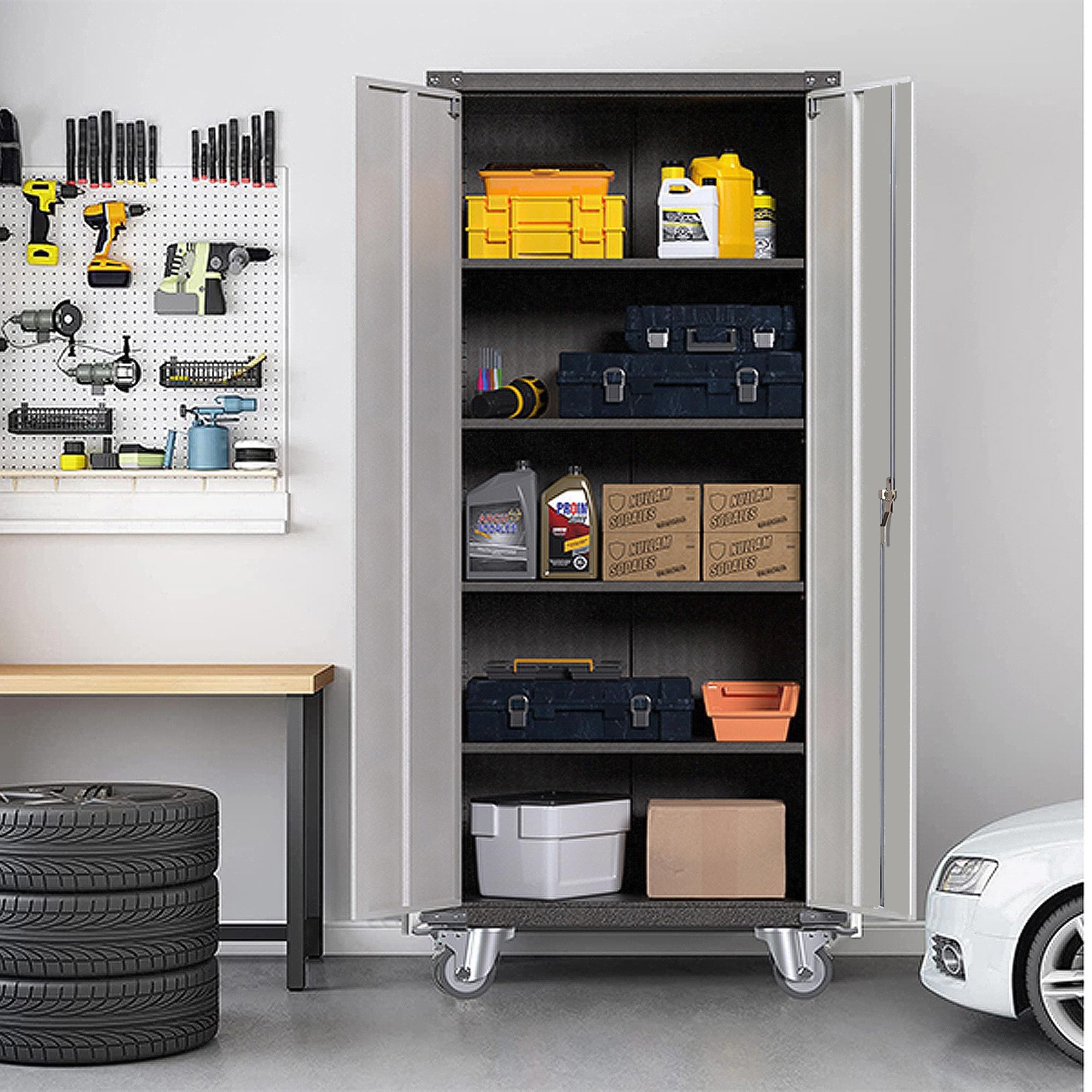 Waqiv Rolling Garage Storage Cabinet – Lockable 71" Steel Cabinet With 4 Adjustable Shelves, 2 Pegboards & 4 Casters