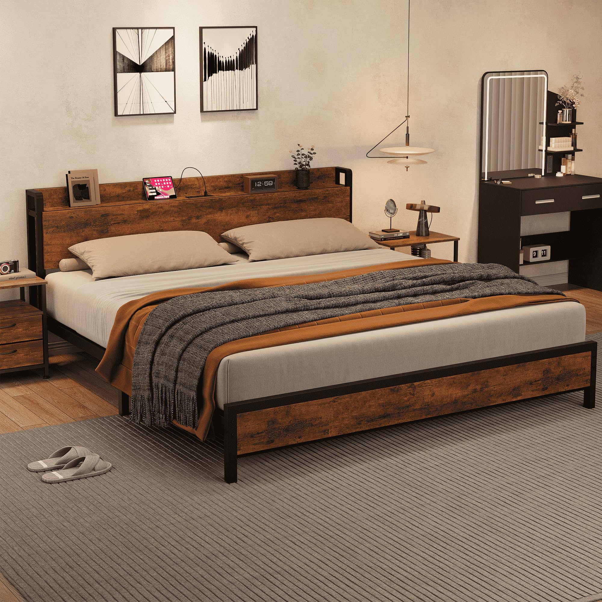 IDEALHOUSE King Size Bed Frame with Storage Headboard Industrial King Bed Platform with Charging Station and USB Ports