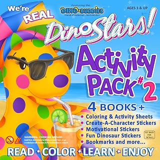 Dino-Buddies® “We’re Real Dino-Stars!” Activity Pack #2 – 4 Storybooks, 173+ Reusable Create-A-Character & Motivational Stickers, 35 Coloring & Activity Pages, 4 Bookmarks – Dinosaur Gift for Kids Ages 3+